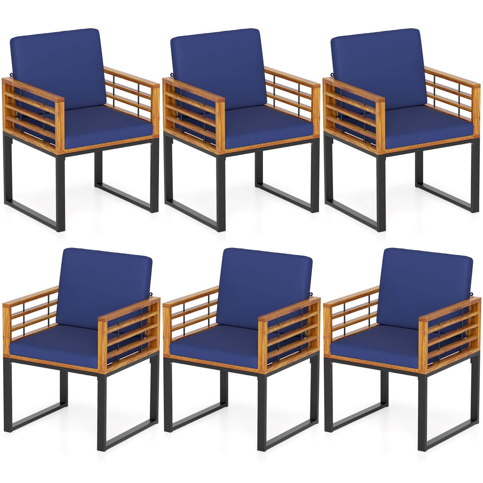 Gymax - Patio Dining Chairs Set of 6 w/ Seat Back Cushions & Heavy-Duty Metal Support - Navy, Natural, Black