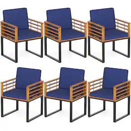 Gymax - Patio Dining Chairs Set of 6 w/ Seat Back Cushions & Heavy-Duty Metal Support - Navy, Natural, Black