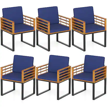 Front. Gymax - Gymax Patio Dining Chairs Set of 6 w/ Seat Back Cushions & Heavy-Duty Metal Support - Navy, Natural, Black.