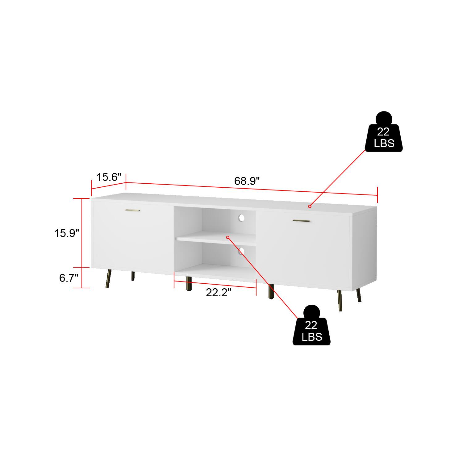 The text on the image reads: "22 LBS 15.6" 68.9" 15.9" 6.7" 22.2" 22 LBS." This information is likely related to the dimensions and weight of a piece of furniture, such as a dresser or a cabinet. The measurements include the width, height, and depth of the furniture, as well as the weight, which is 22 pounds.