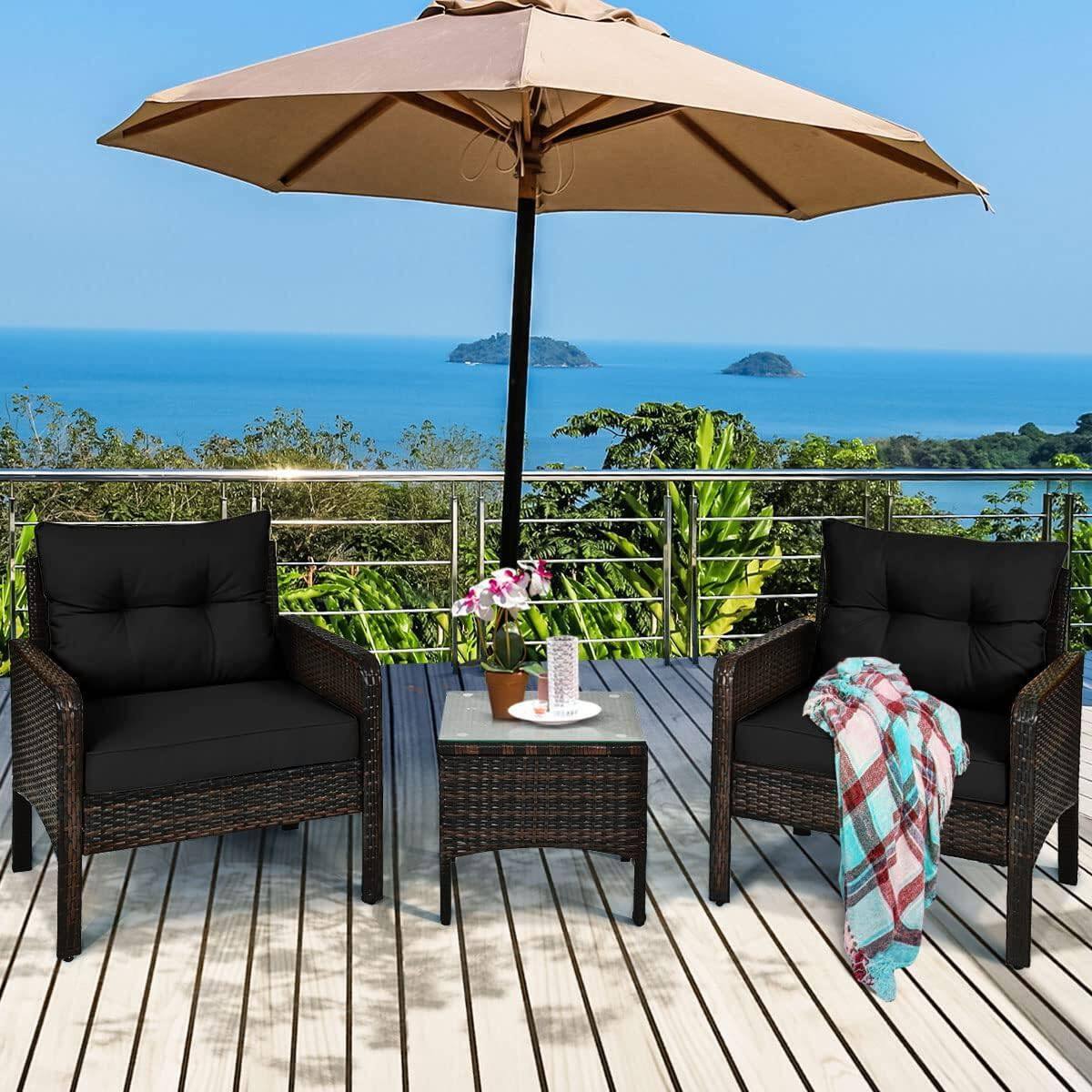 Left. Hivvago - 3-Piece Brown PE Rattan Outdoor Dining Patio Furniture Set with Black Cushions - Black, Brown.