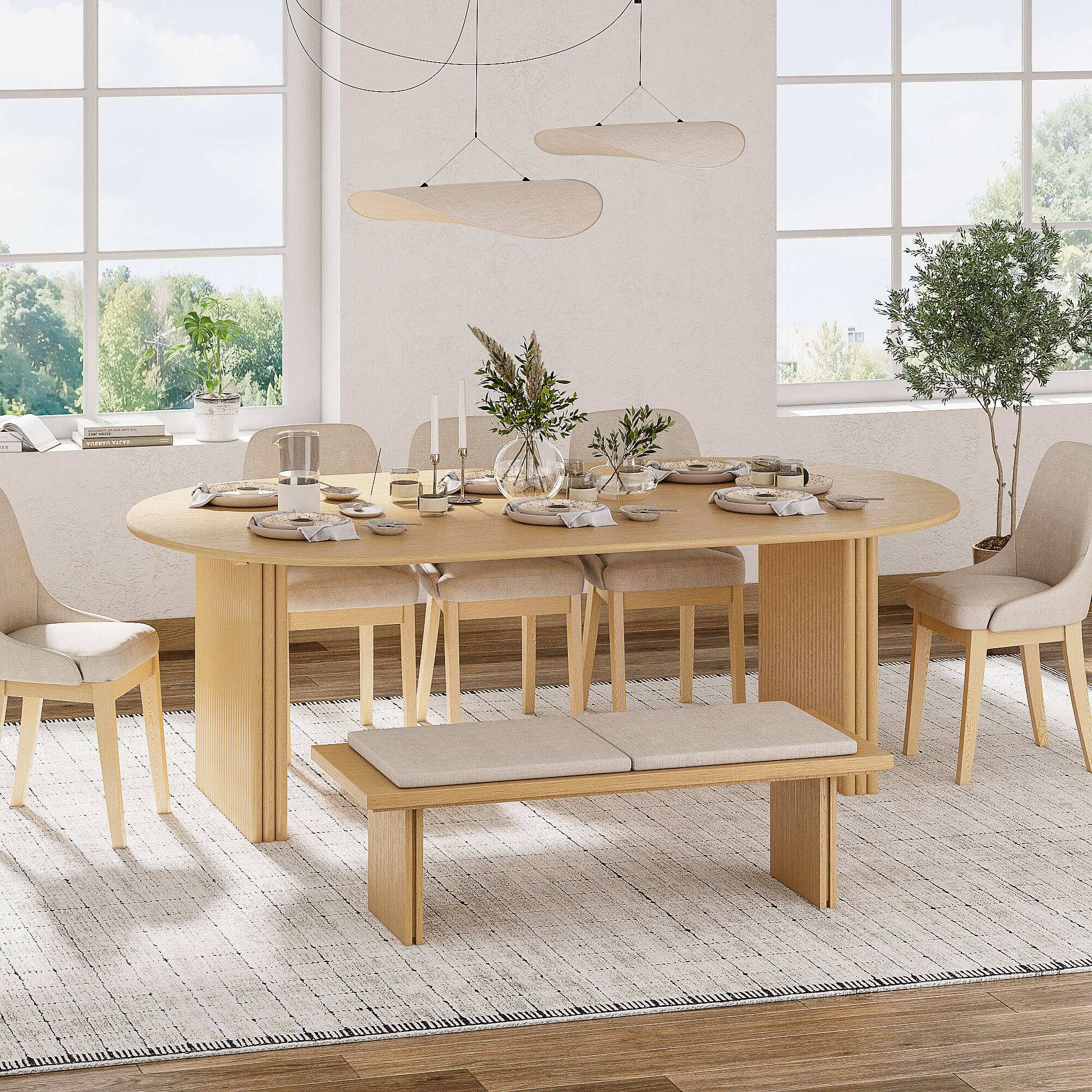 Front. Lirago - 79" Solid Wood Oval Dining T able with Double Pedestal Large Kitchen Table Seats 6-8 or More for Dining Room - Natural.
