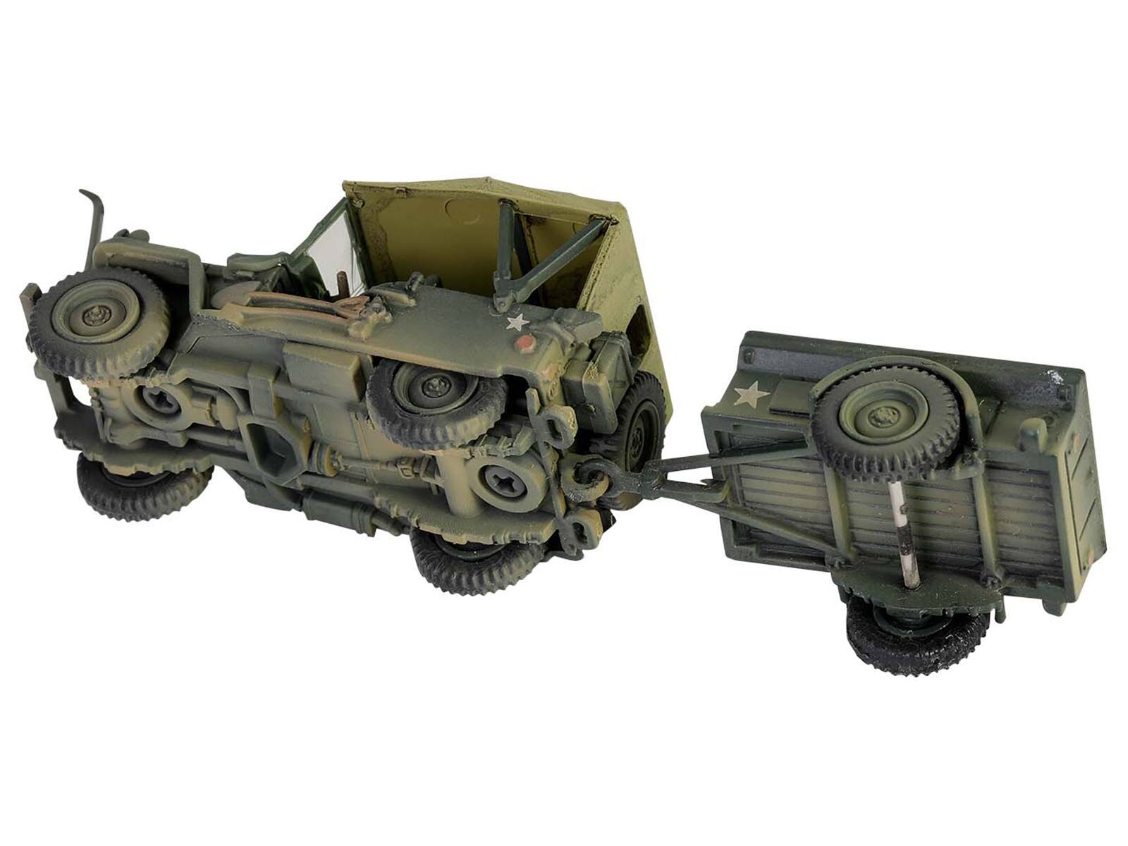 Alt View 4. Forces Of Valor - Willys MB Jeep with Trailer Olive Drab (Weathered) with Driver Figure "Mini AFV" Series 1/64 Model by Forces of Valor.