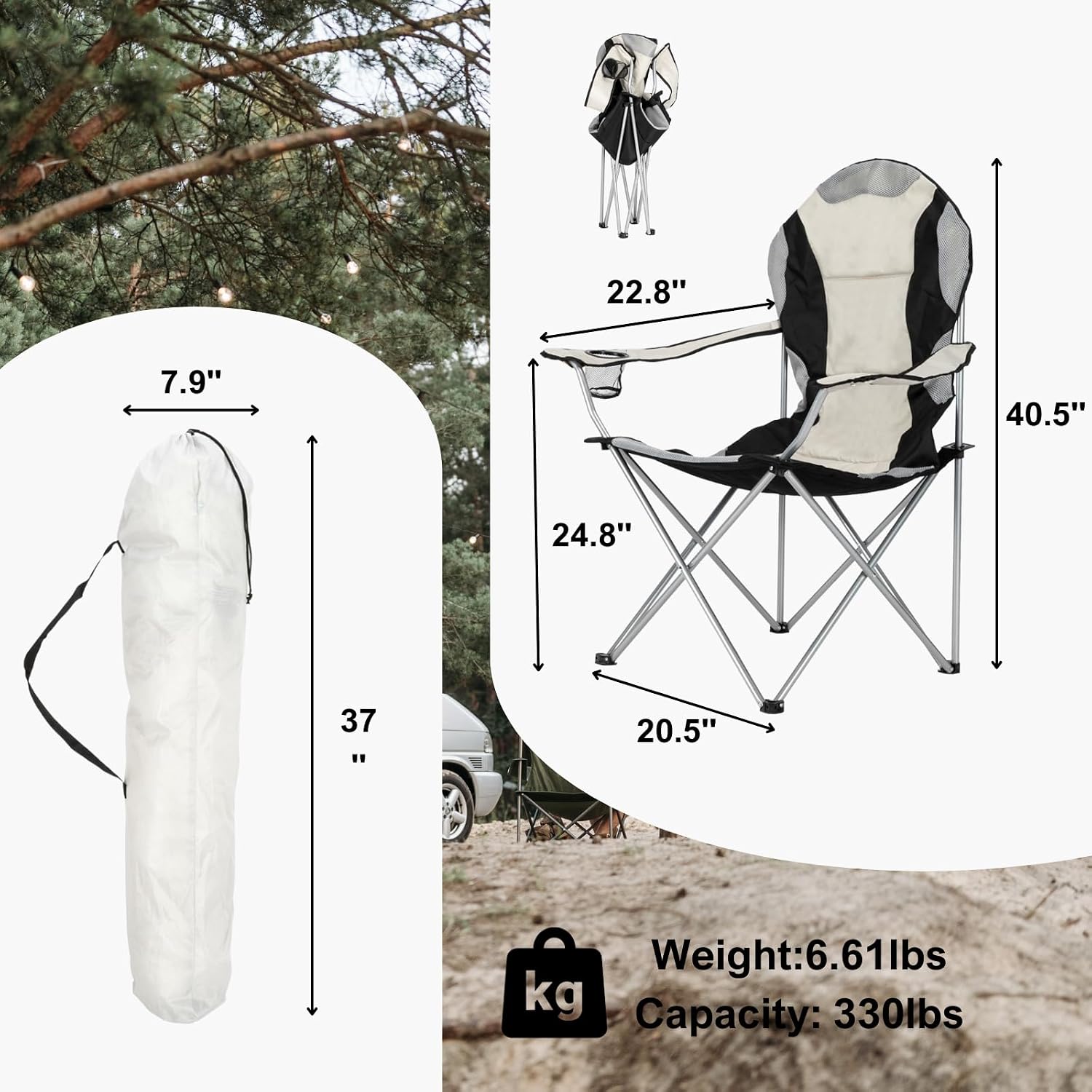 22.8" 7.9" 40.5" 24.8" 37" 20.5"  
Weight: 6.61lbs  
Capacity: 330lbs