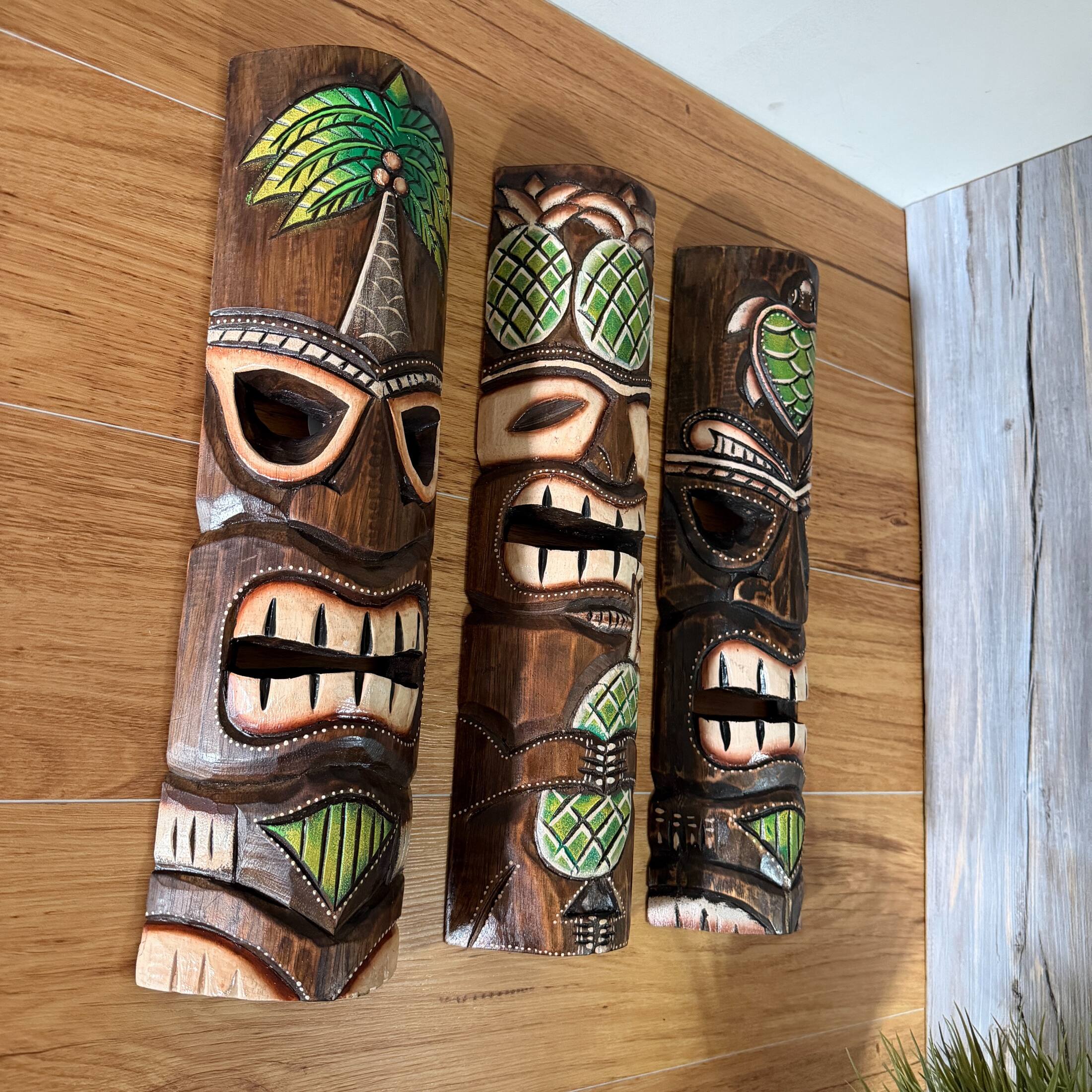 Alt View 6. Zeckos - Hand Carved Wood Tiki Mask Set of 3 Palm Tree Pineapple Turtle 19in Wall Decor - Green.