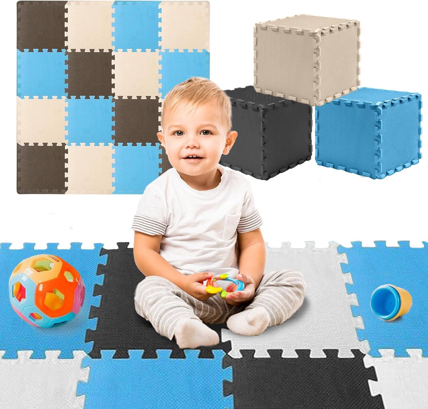 Front. Toyvelt - Foam Puzzle Floor Mat for Kids – 12x12 32 Tiles Interlocking Blue Play Mat - Blue 32.