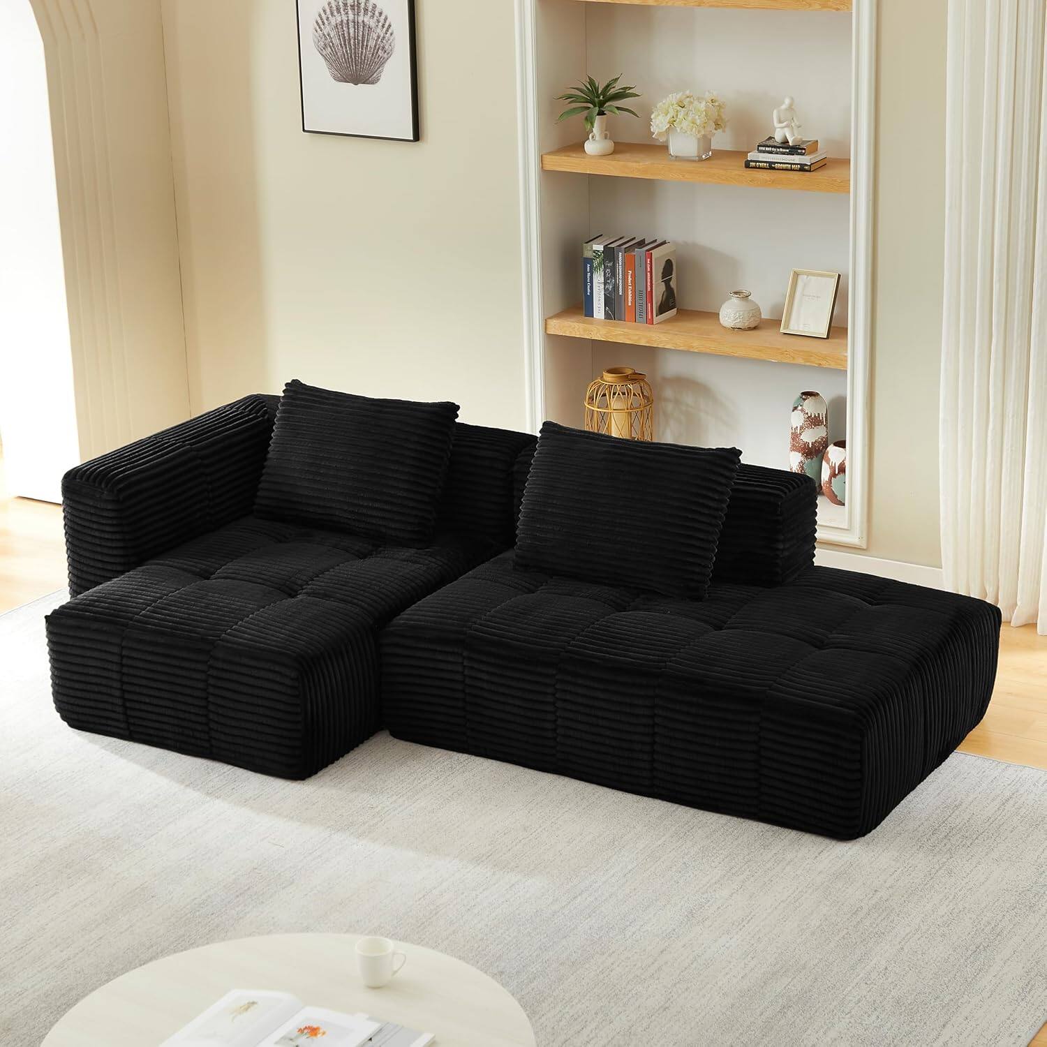 Alt View 2. Trinkets Crazed - 108" Corduroy Fluffy Modular Sectional Loveseat SofaDeep Seat Cloud Sectional Couch with Spring Cushions - black.