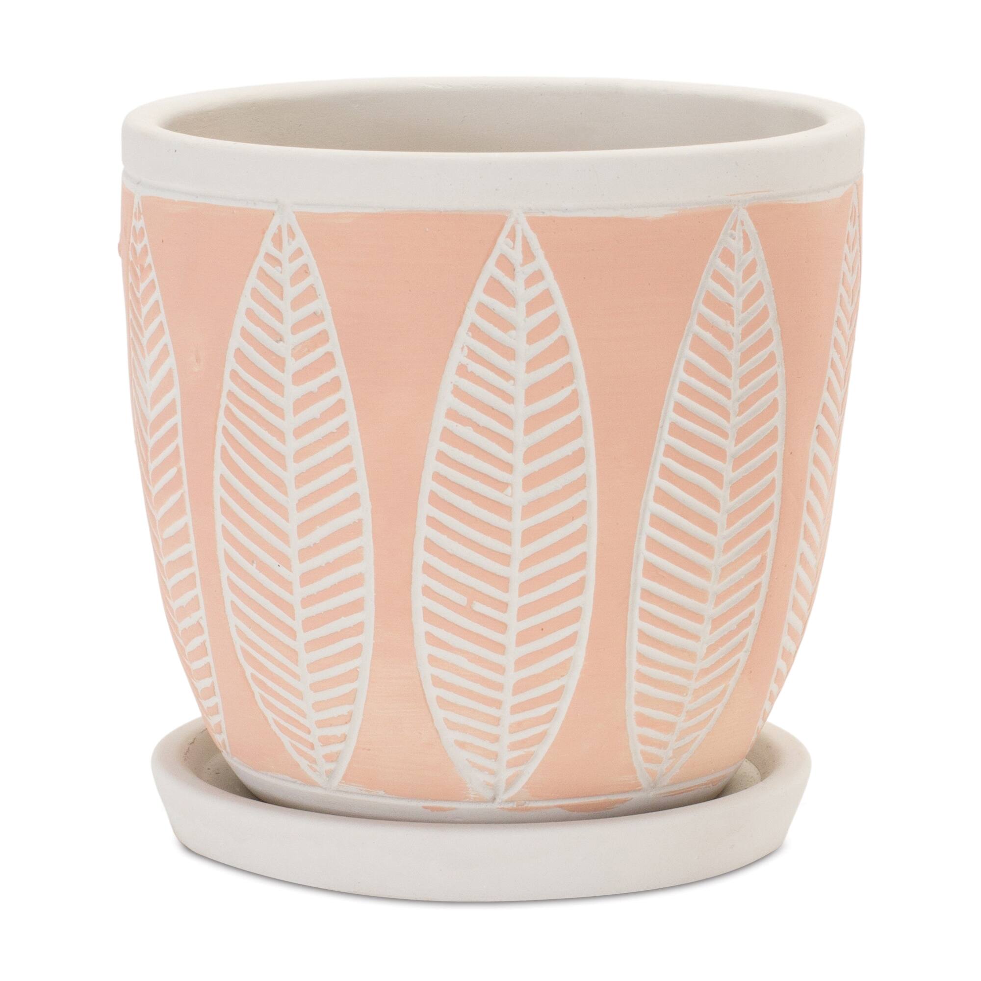 Angle. BreeBe - Stone Planter with Plate (Set of 2) - White, Pink.