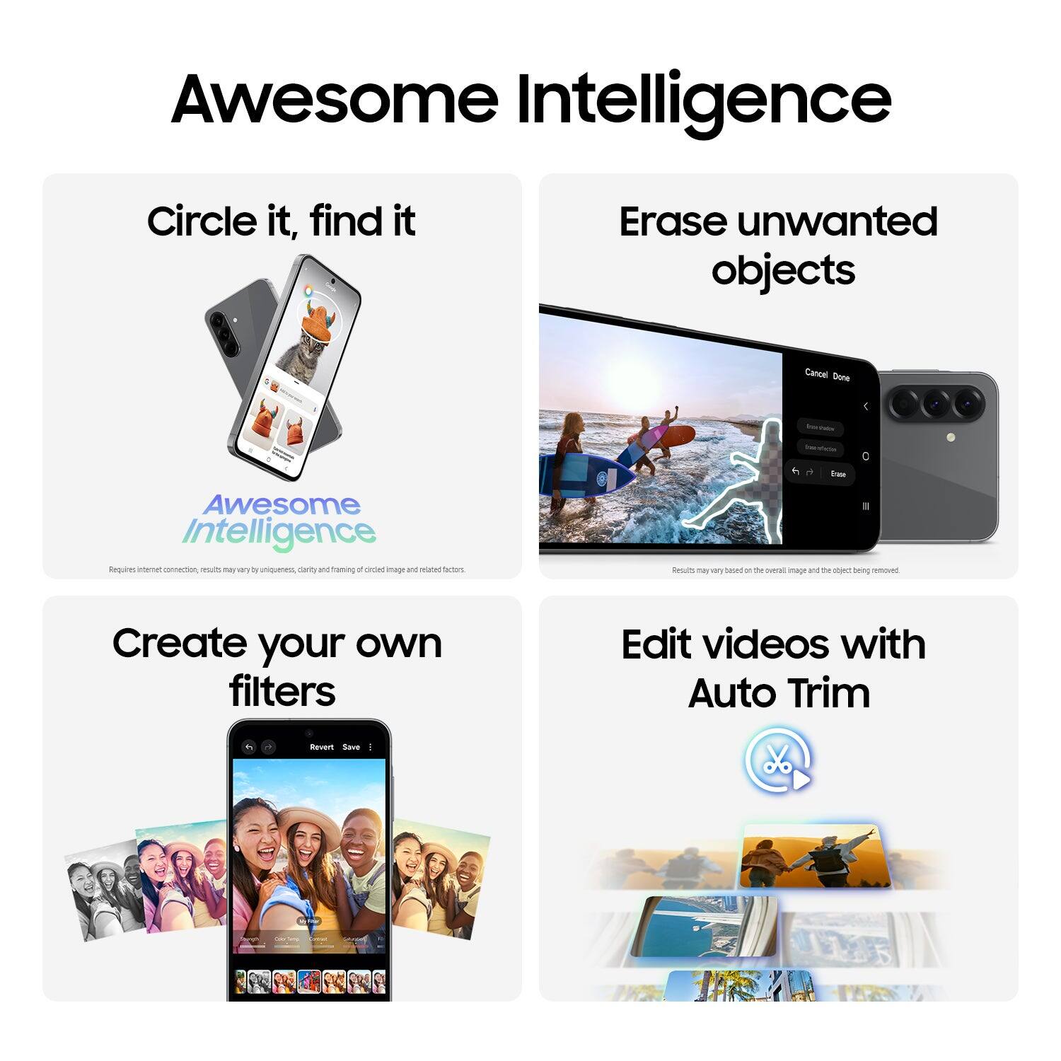 Awesome Intelligence Circle it, find it Erase unwanted objects - Requires internet connection, results may vary by image quality, clarity and framing of the image and related factors. Create your own filters Edit videos with Auto Trim - Revert Save