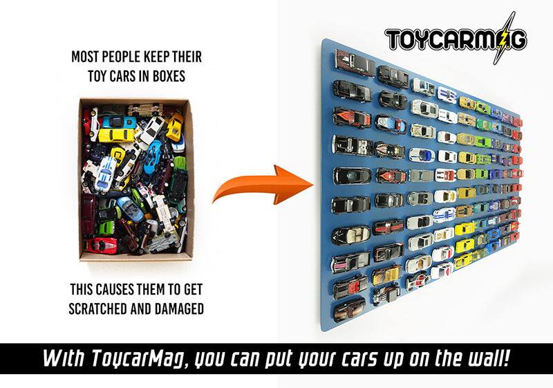 Most people keep their toy cars in boxes.  
This causes them to get scratched and damaged.  
With ToycarMag, you can put your cars up on the wall!