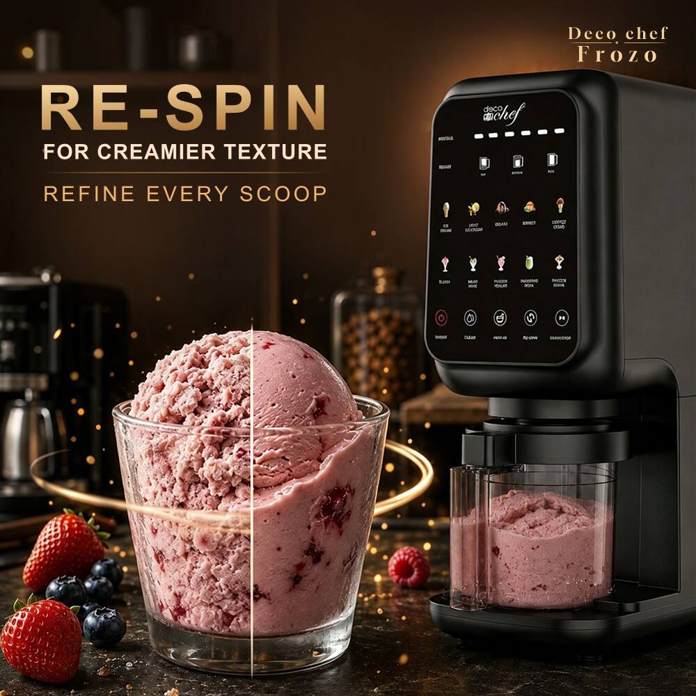 RE-SPIN FOR CREAMIER TEXTURE  
REFINE EVERY SCOOP  

Deco chef Frozo  

13 BOWL  
DIAL use  

COSYCE QSIO  
TLATE  
MAY shit  
PIZZER TOKAT  
- icen  
NOT DAN  
N  
HOU  
BALC  

NOW BANDO