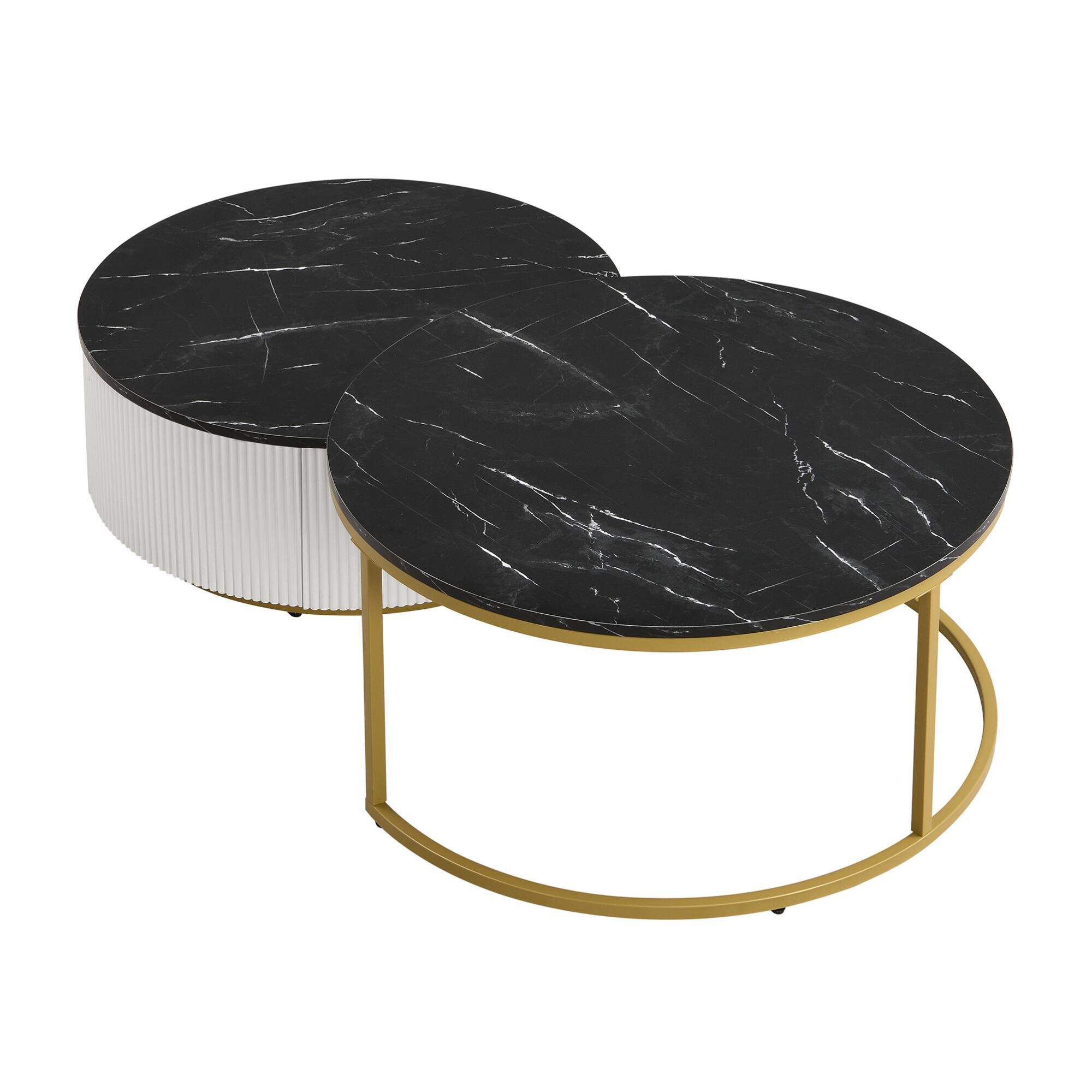 Alt View 10. GOODSILO - Modern Round Nesting Coffee Table with Fluted Design and Drawer for Living Room - Black.