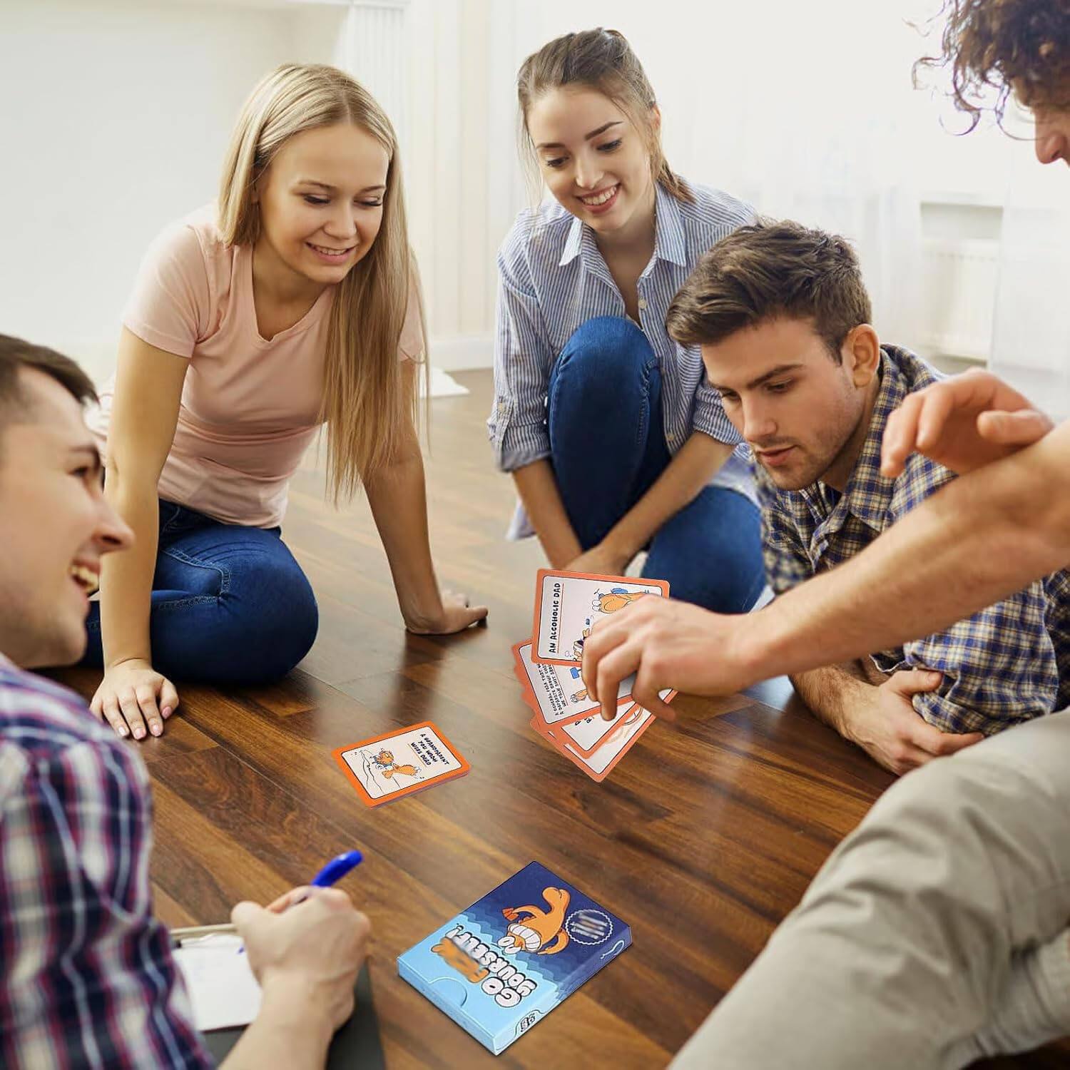 I can't see any text in the image that needs to be grouped or corrected. The image shows a group of people playing a card game.