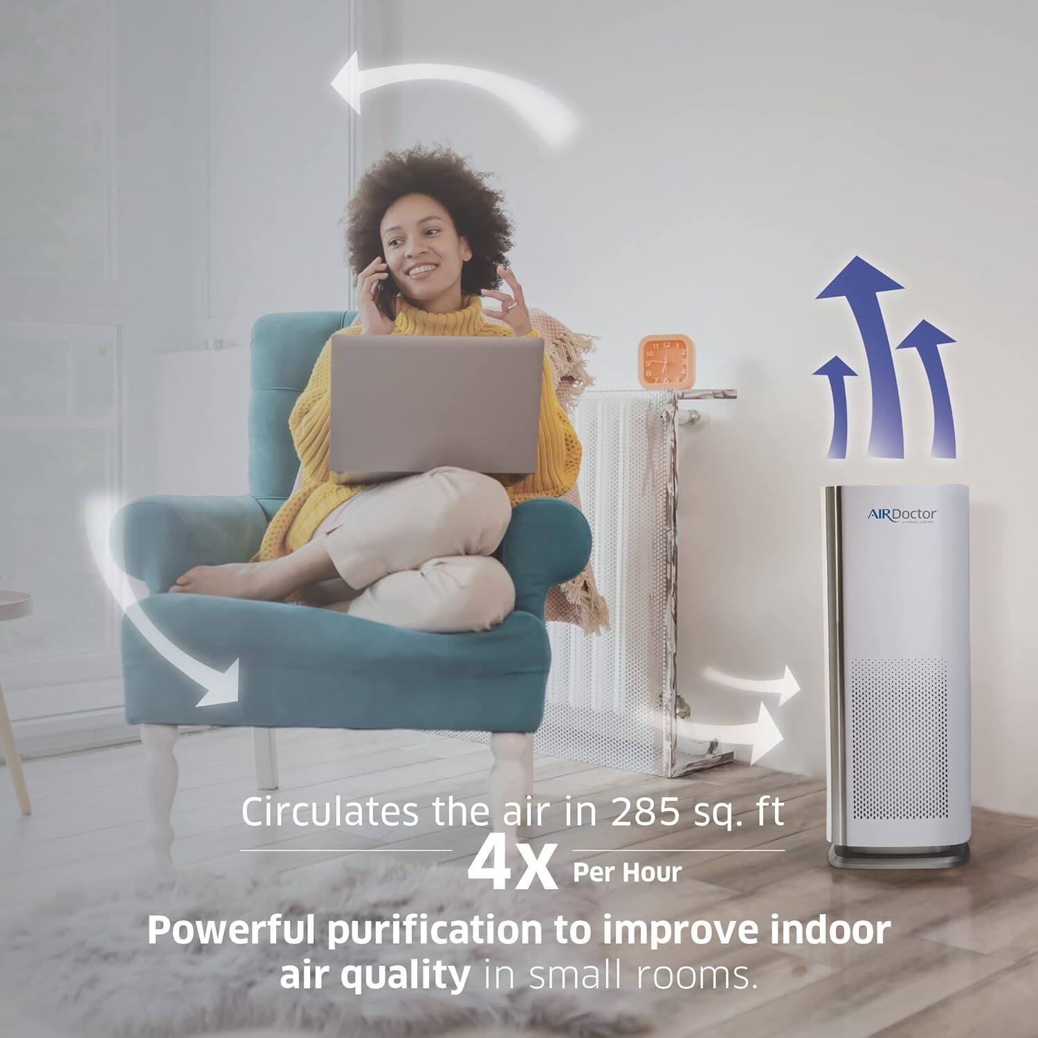 a - L d AIRDoctor Circulates the air in 285 sq. ft 4x Per Hour. Powerful purification to improve indoor air quality in small rooms.