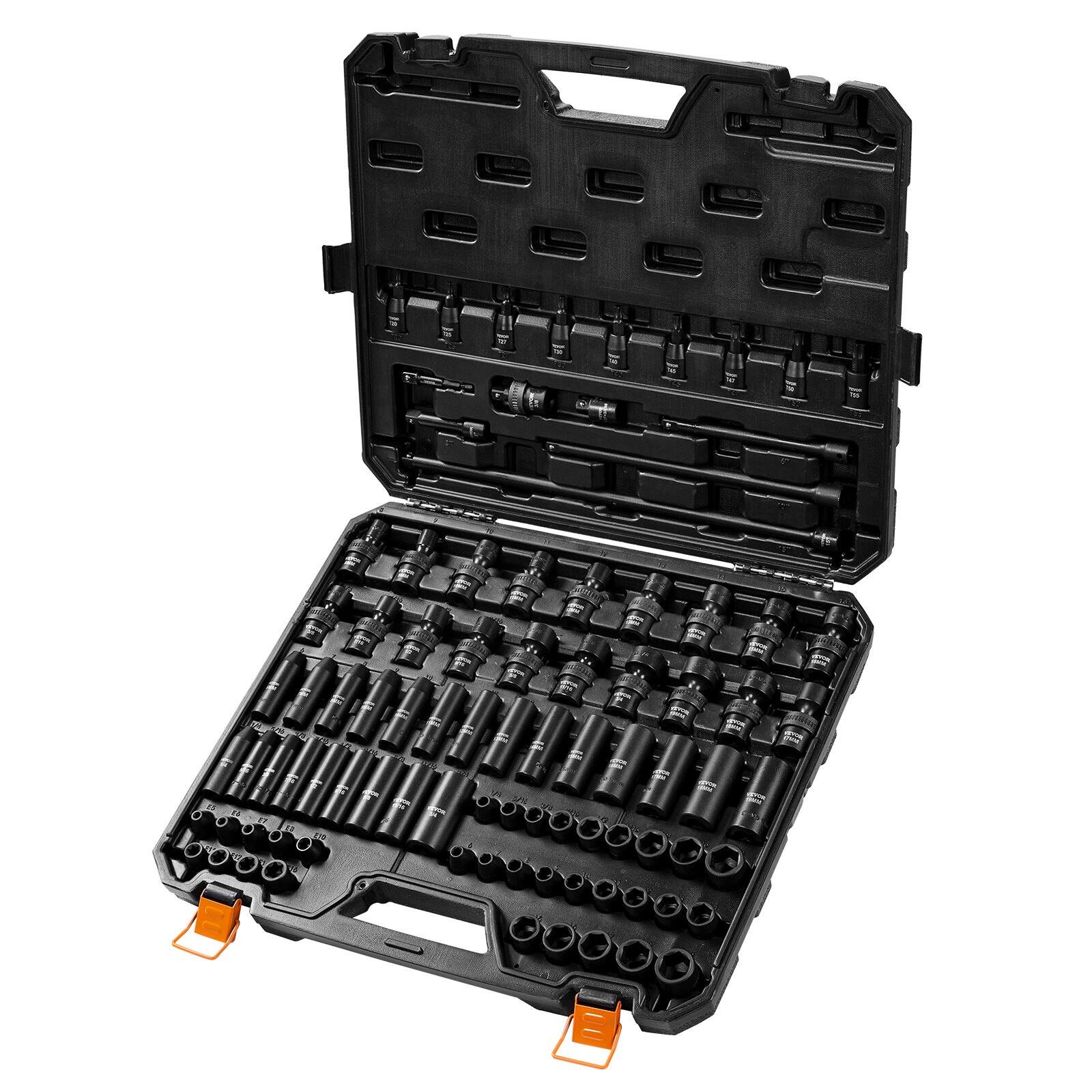 Left. LOVMOR - 3/8 Drive 90 Piece Impact Socket Set 6 Point Alloy Steel SAE Metric with Extension Bars Adapter Storage Case.