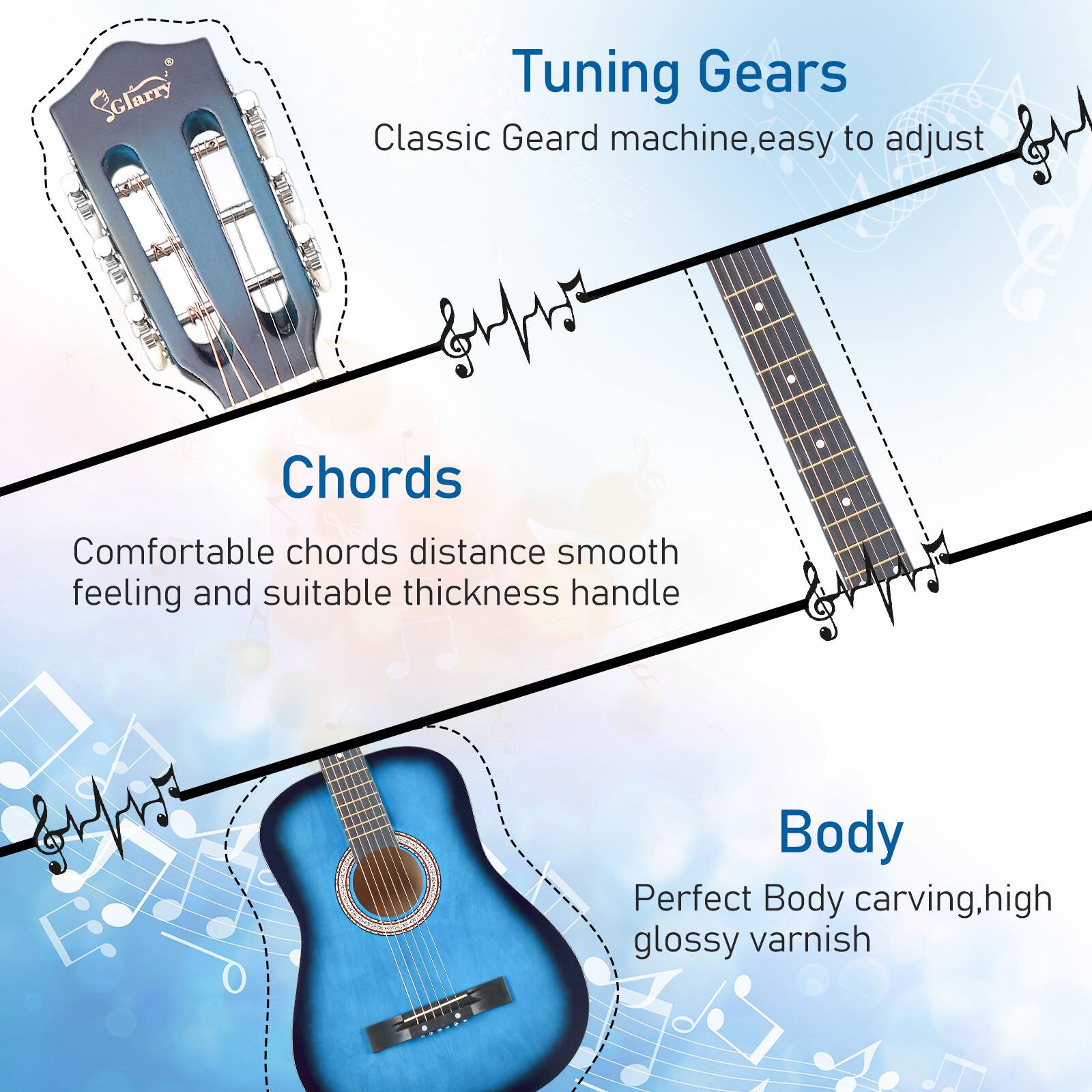 Sclarry T Tuning Gears Classic Geard machine, easy to adjust  
DCR Chords Comfortable chords distance smooth feeling and suitable thickness handle  
Body Perfect Body carving, high glossy varnish