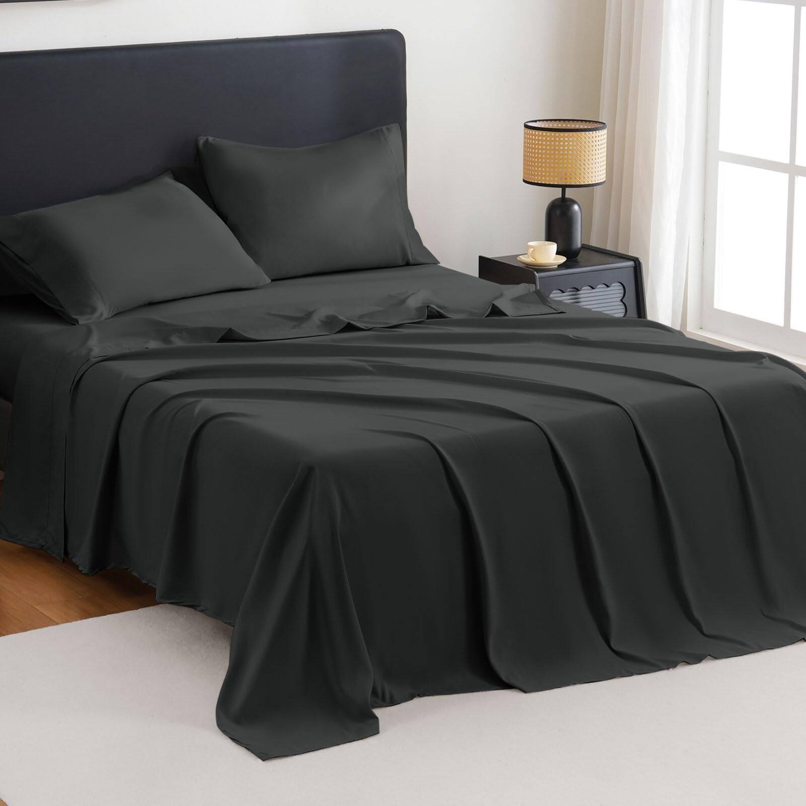 Front. Dapper Styles - Breathable Bed Sheets Set - Rayon Derived From Cool Bedding With 16 Deep Pocket 4 Full Chocolate - Charcoal Gray01-Twin.