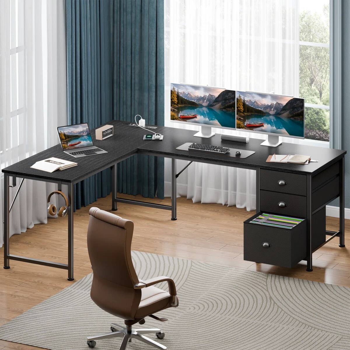 Alt View 7. Furnulem - 63 In Gaming Desk with LED Lights  Power Outlets Computer Desk with Drawers  Printer Stand - Black.