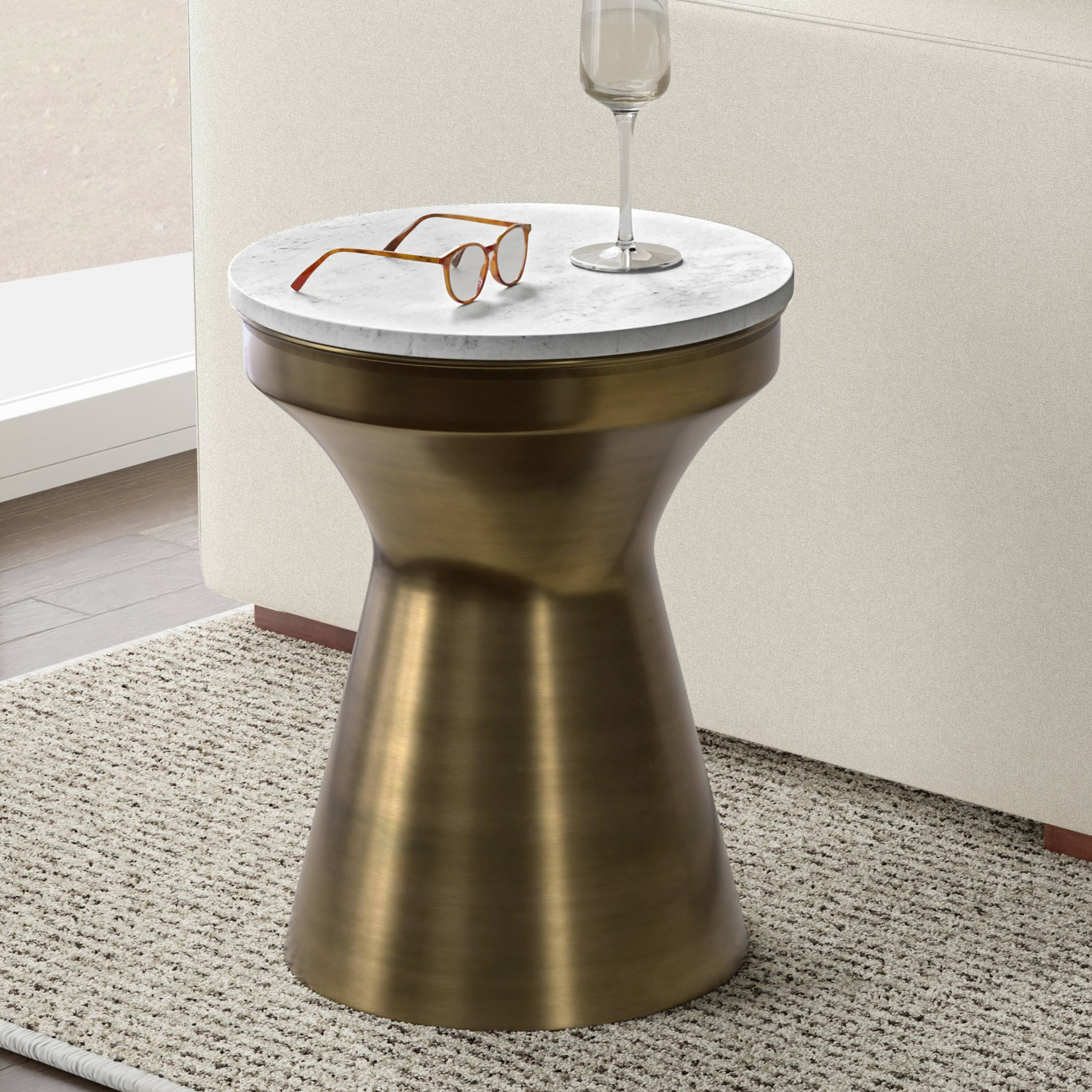 Angle. Simpli Home - Raquel Modern Contemporary 14 inch Wide Metal Side Table in White / Antique Brass, Fully Assembled - White / Antique Brass.