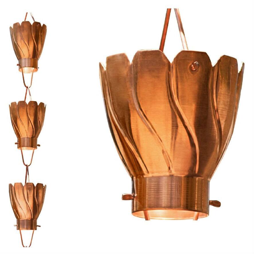 Front. SlickBlue - 8.5 Ft Copper Rain Chain with Floral Petal Cups – Outdoor Water Feature - Copper.