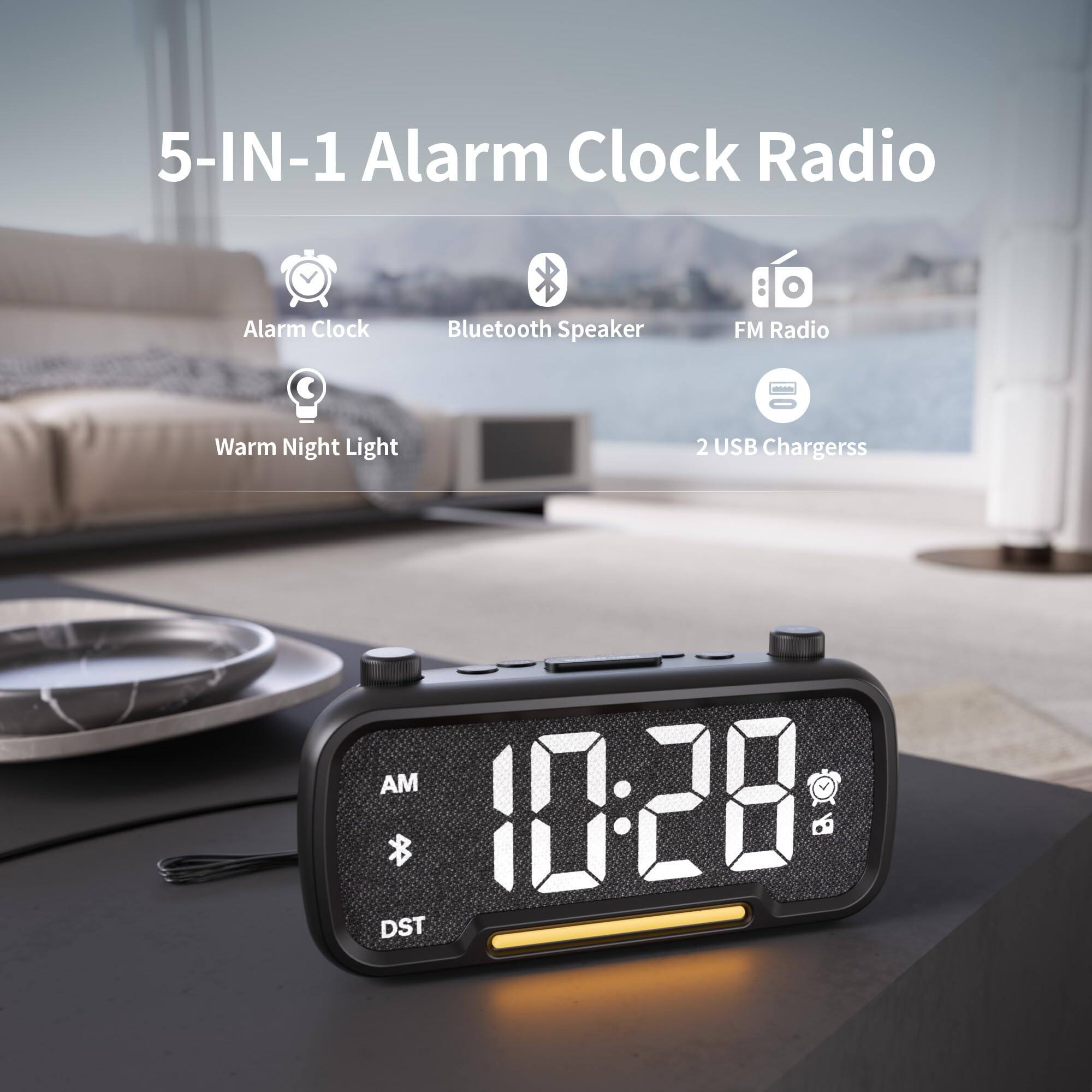 5-IN-1 Alarm Clock Radio  
- Alarm Clock  
- Bluetooth Speaker  
- FM Radio  
- Warm Night Light  
- 2 USB Chargers  

AM 10:28 DST