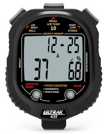 LITHIUM RECALL A/B TEAM START STOP BALL STRIKE LAP/SPLIT MEMORY 10 12-25 A 37 % 68 WATER RESISTANT COUNTER RESET PITCH COUNTER STOPWATCH SPEED MODE ULTRAK 435