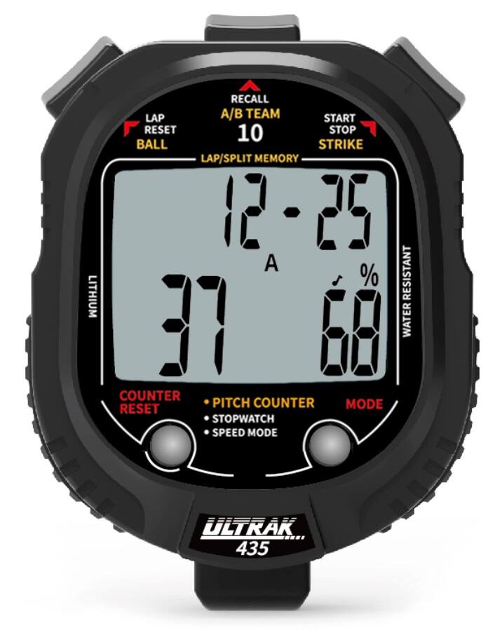 LITHIUM RECALL A/B TEAM START STOP BALL STRIKE LAP/SPLIT MEMORY 10 12-25 A 37 % 68 WATER RESISTANT COUNTER RESET PITCH COUNTER STOPWATCH SPEED MODE ULTRAK 435