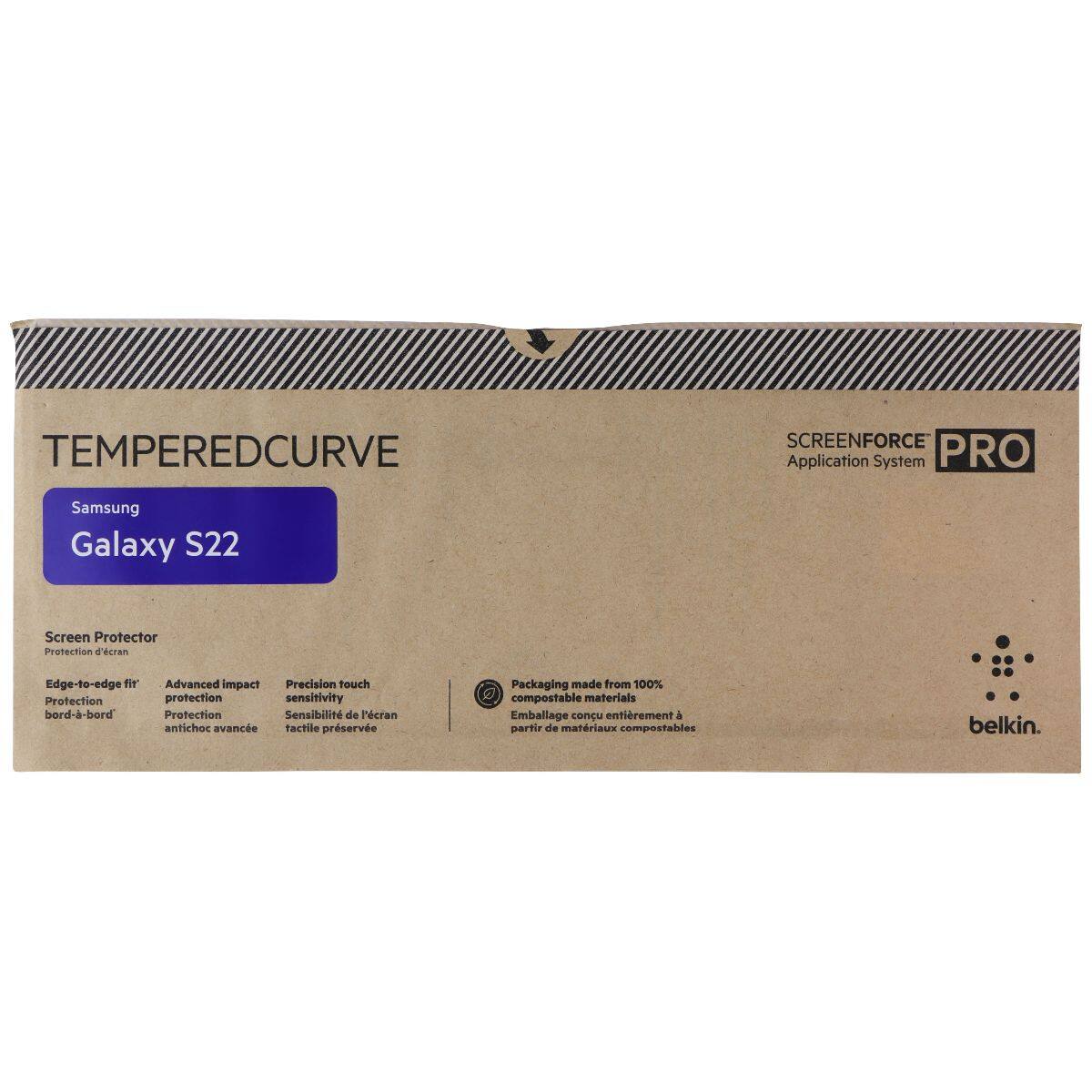 TEMPEREDCURVE SCREENFORCE Application System PRO Samsung Galaxy S22 Screen Protector Protection d'écran Edge-to-edge fr Protection bord--bord Advanced impact Precision touch protection sensitivity Protection Sensibilité de l'écran antichoc avancé tactile préservée Packaging made from 100% compostable materials Emballage conçu entièrement à partir de matériaux compostables belkin