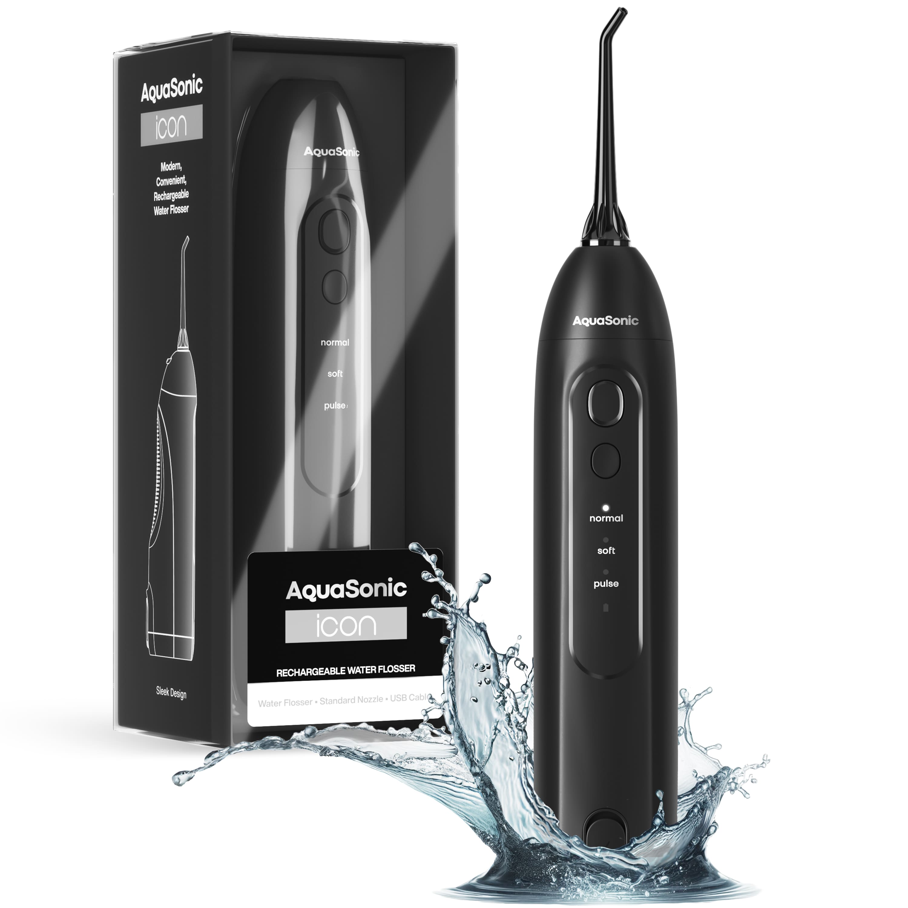 AquaSonic - Icon Electric Water Flosser - 150ml Tank, Cordless Rechargeable, Waterproof, Portable Oral Irrigator - Black