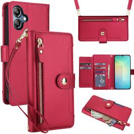 Dteck - Zipper Wallet Case for Samsung Galaxy A07,Detachable Crossbody Flip Faux Leather Card Slots Kickstand Cover+Lanyard - Red