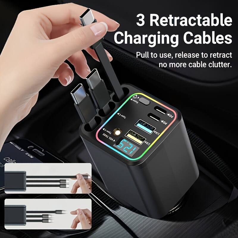 3 Retractable Charging Cables  
Pull to use, release to retract no more cable clutter.  

a Super MV7 2P 1 cable  
- -4 TAGE VOL PD PD 4YIT 4VT