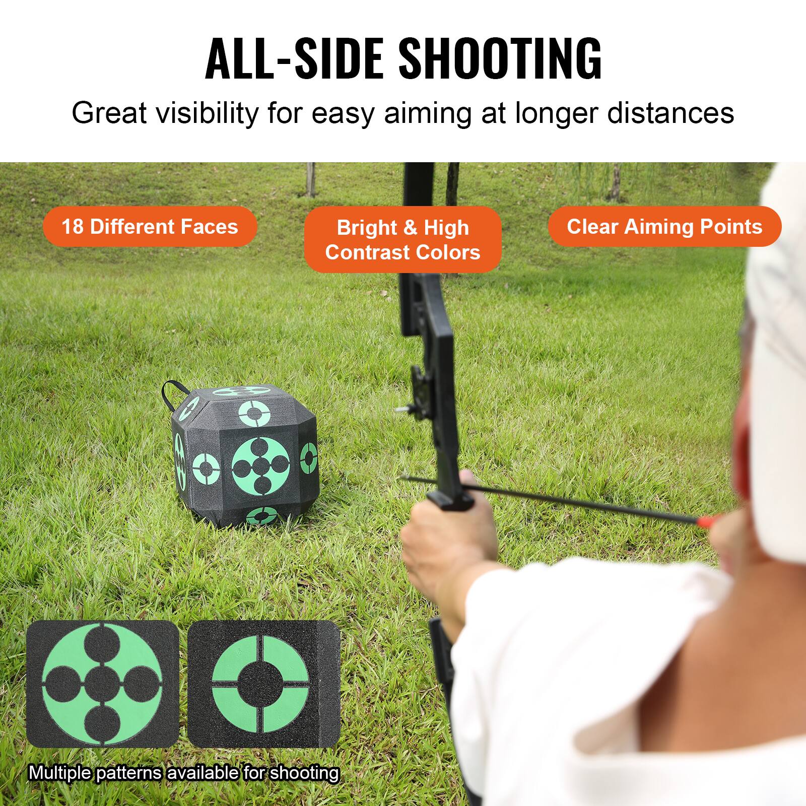 ALL-SIDE SHOOTING  
Great visibility for easy aiming at longer distances  

18 Different Faces  
Bright & High Contrast Colors  
Clear Aiming Points  

Multiple patterns available for shooting