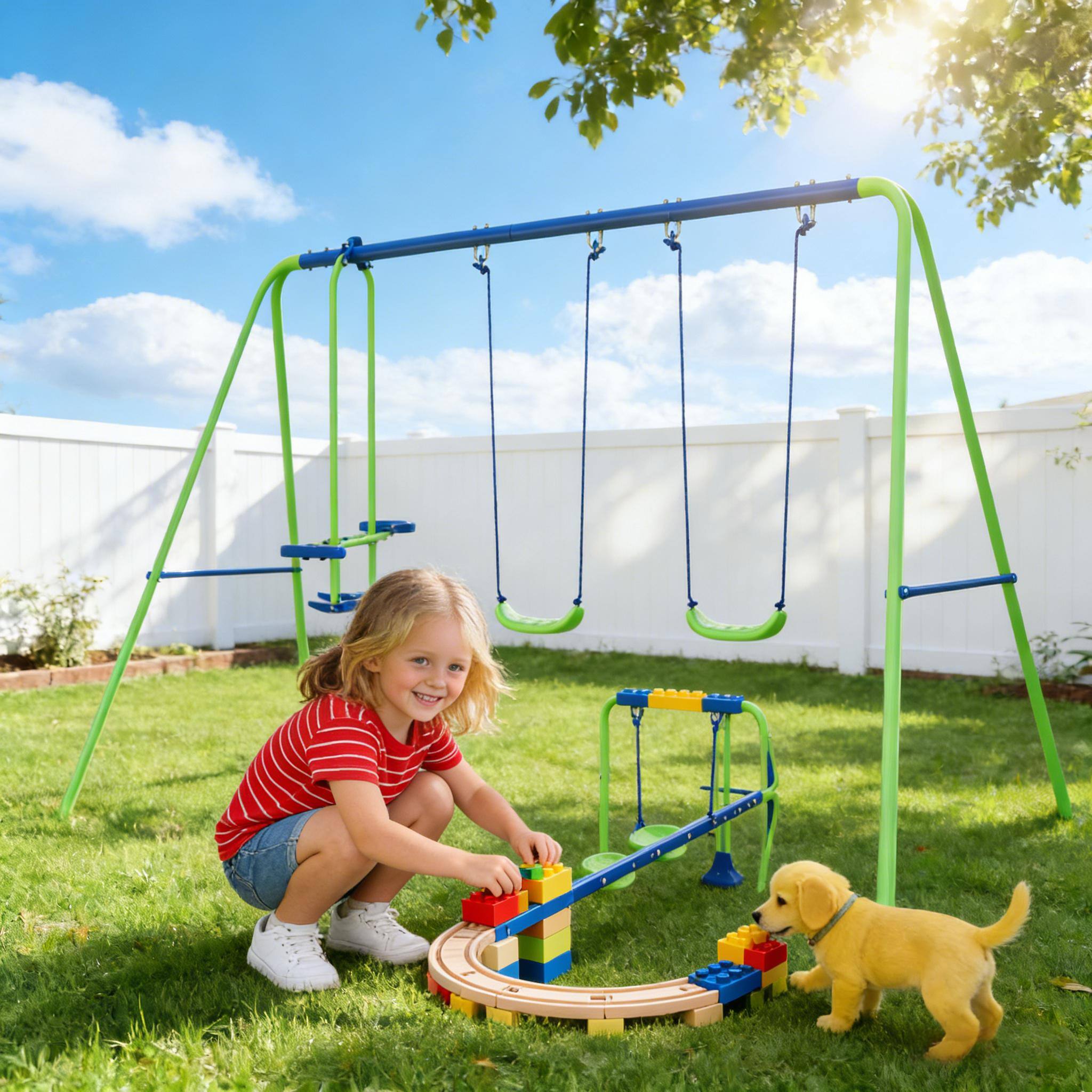 Angle. Siljoy - Heavy‑Duty Metal Swing Set with 2 Seats & Glider, 396lb Capacity, Adjustable Height, Blue/Green, for Backyard - Blue,Green.