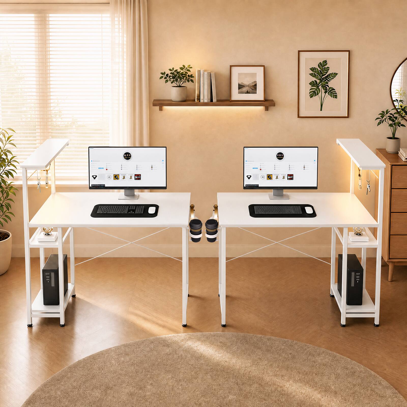 Alt View 3. Comhoma - RGB Office Desk Reversible Executive Desk 4-Tier Storage with LED Lighting,Hooks and Cup Holder - White.