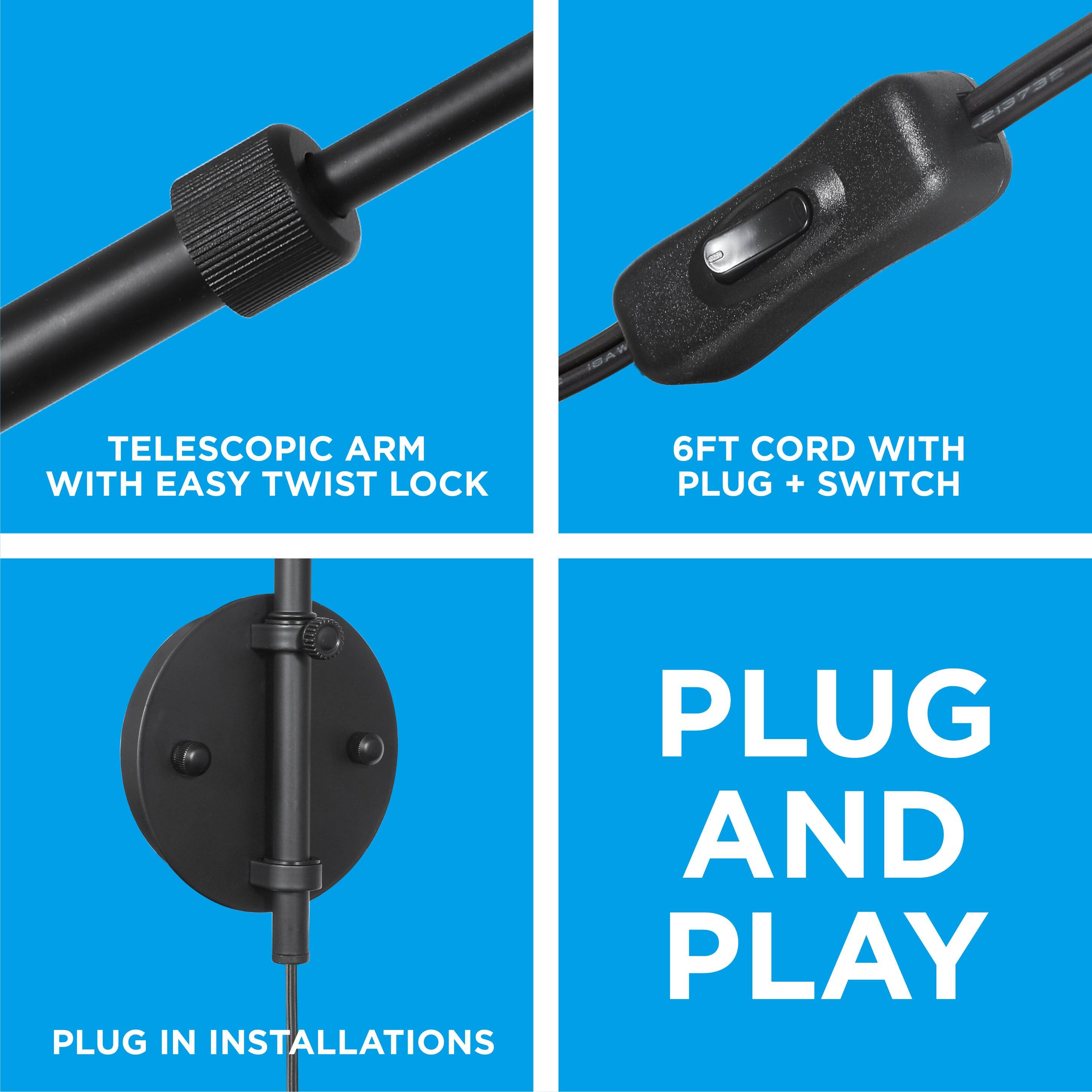 - TELESCOPIC ARM WITH EASY TWIST LOCK
- 6FT CORD WITH PLUG + SWITCH
- PLUG IN INSTALLATIONS
- PLUG AND PLAY