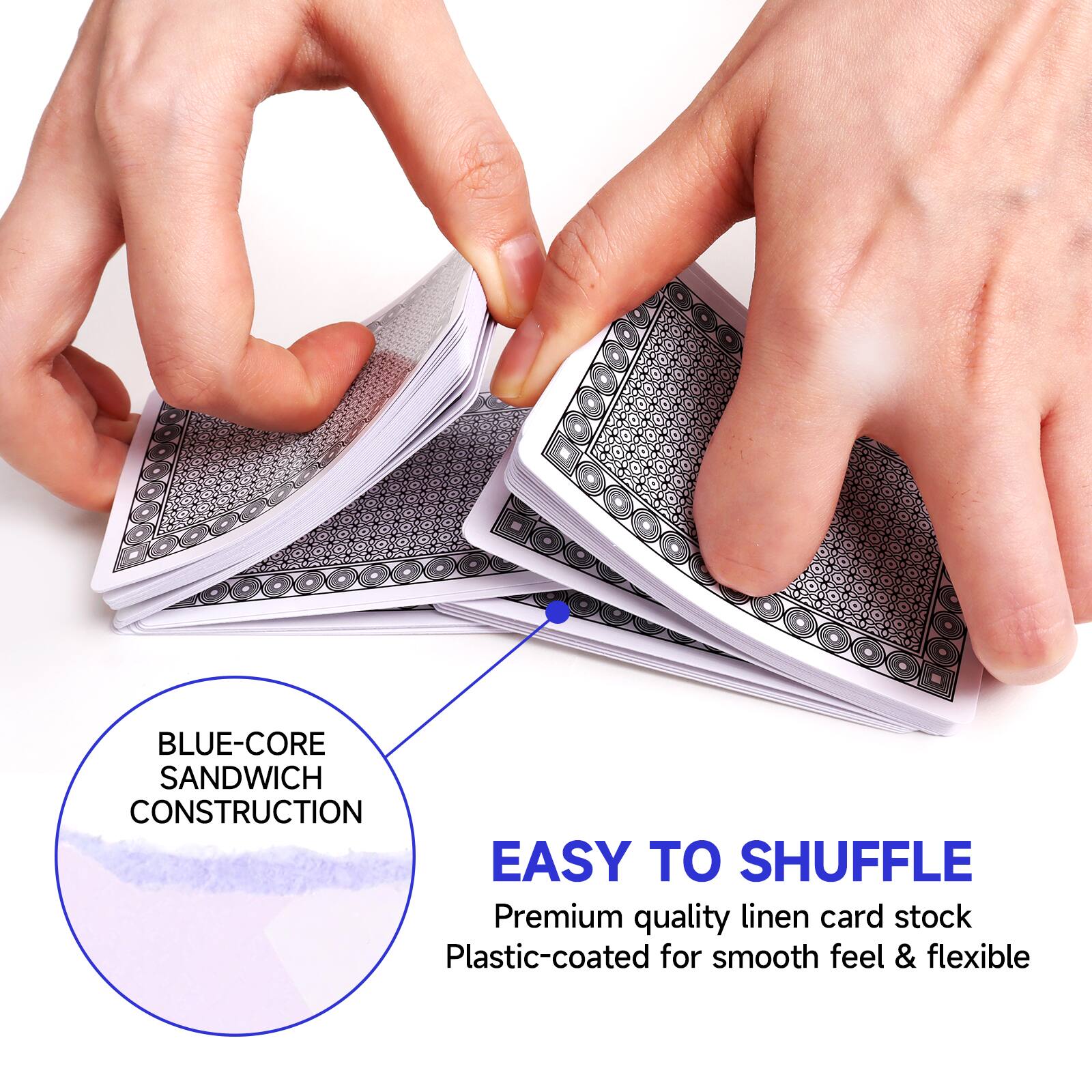 BLUE-CORE SANDWICH CONSTRUCTION, EASY TO SHUFFLE, Premium quality linen card stock, Plastic-coated for smooth feel & flexible