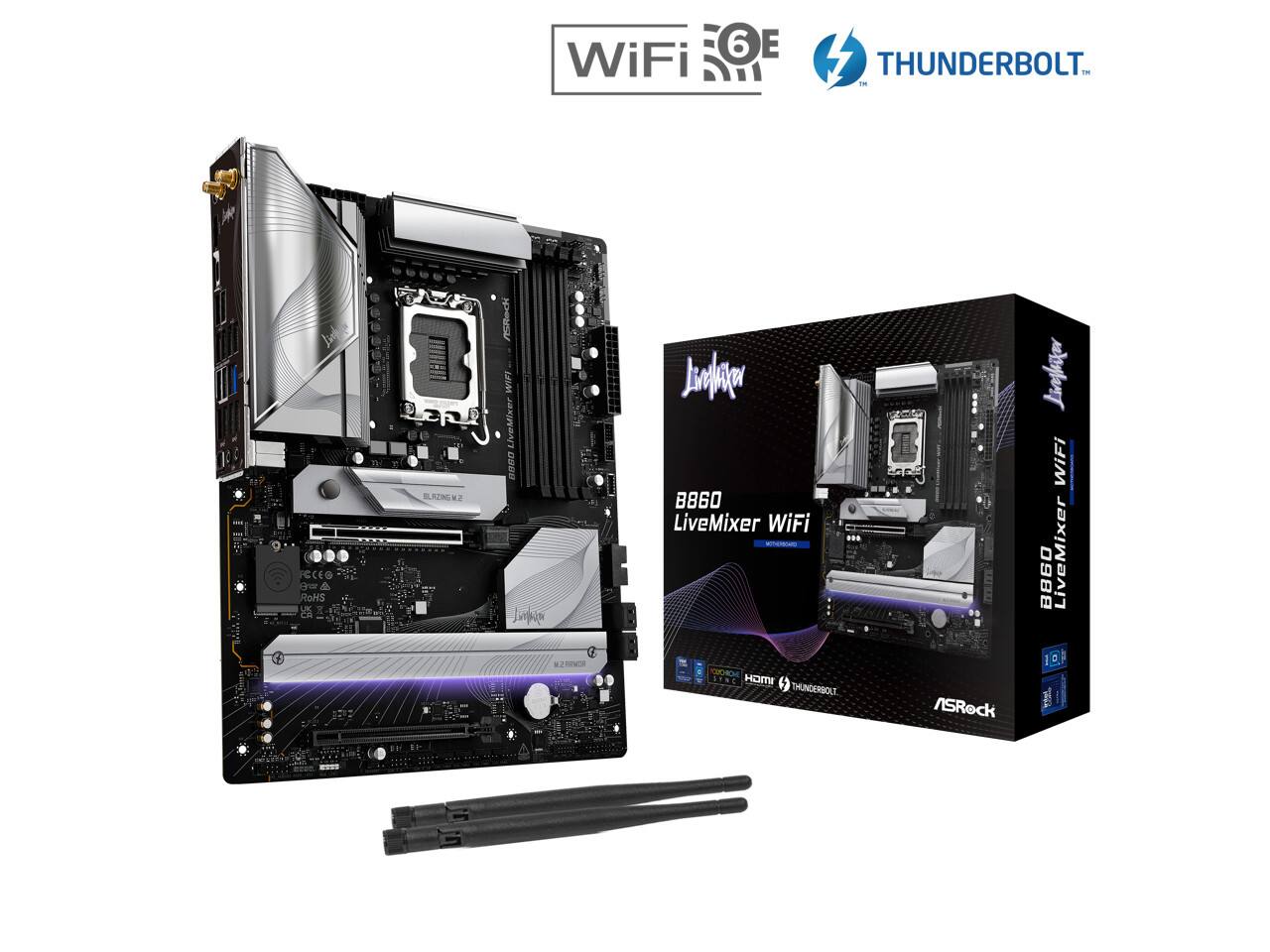 6 E WiFi THUNDERBOLT - J recEO NR: Oe 4 ReHS US CA  BLRZING SN ASRedi LAS LiveMixer eRo Logpu  J B860 LiveMixer WiFi ... YOOCHOME TIGH THUNDERBOLT ASRock B860 LiveMixer WiFi