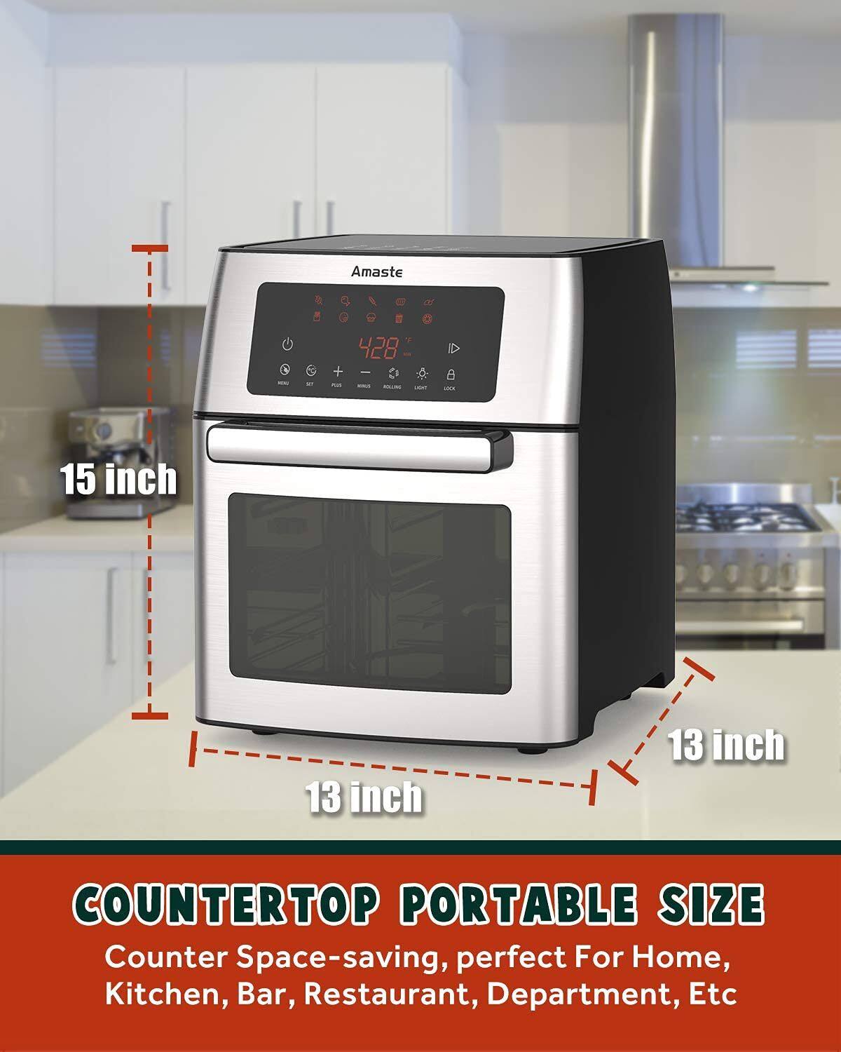 Amaste

15 inch  
13 inch  
13 inch

COUNTER TOP PORTABLE SIZE  
Counter Space-saving, perfect For Home, Kitchen, Bar, Restaurant, Department, Etc