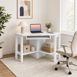 WELLFOR - Corner Computer Desk with Keyboard Tray & Open Shelves , Triangle Writing Table Workstation for Home Office - White