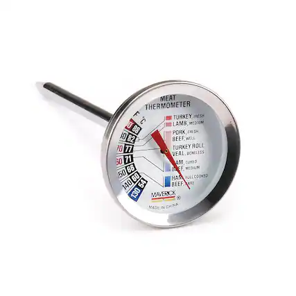 MEAT THERMOMETER
- TURKEY, FRESH: 165°F (74°C)
- LAMB, MEDIUM: 145°F (63°C)
- PORK, FRESH: 145°F (63°C)
- BEEF, WELL: 155°F (68°C)
- TURKEY ROLL: 165°F (74°C)
- VEAL, BONELESS: 145°F (63°C)
- HAM, CURED: 140°F (60°C)
- BEEF, MEDIUM: 145°F (63°C)
- HAM, FULL COOKED: 160°F (71°C)
- BEEF, RARE: 130°F (54°C)
MAVERICK
MADE IN CHINA