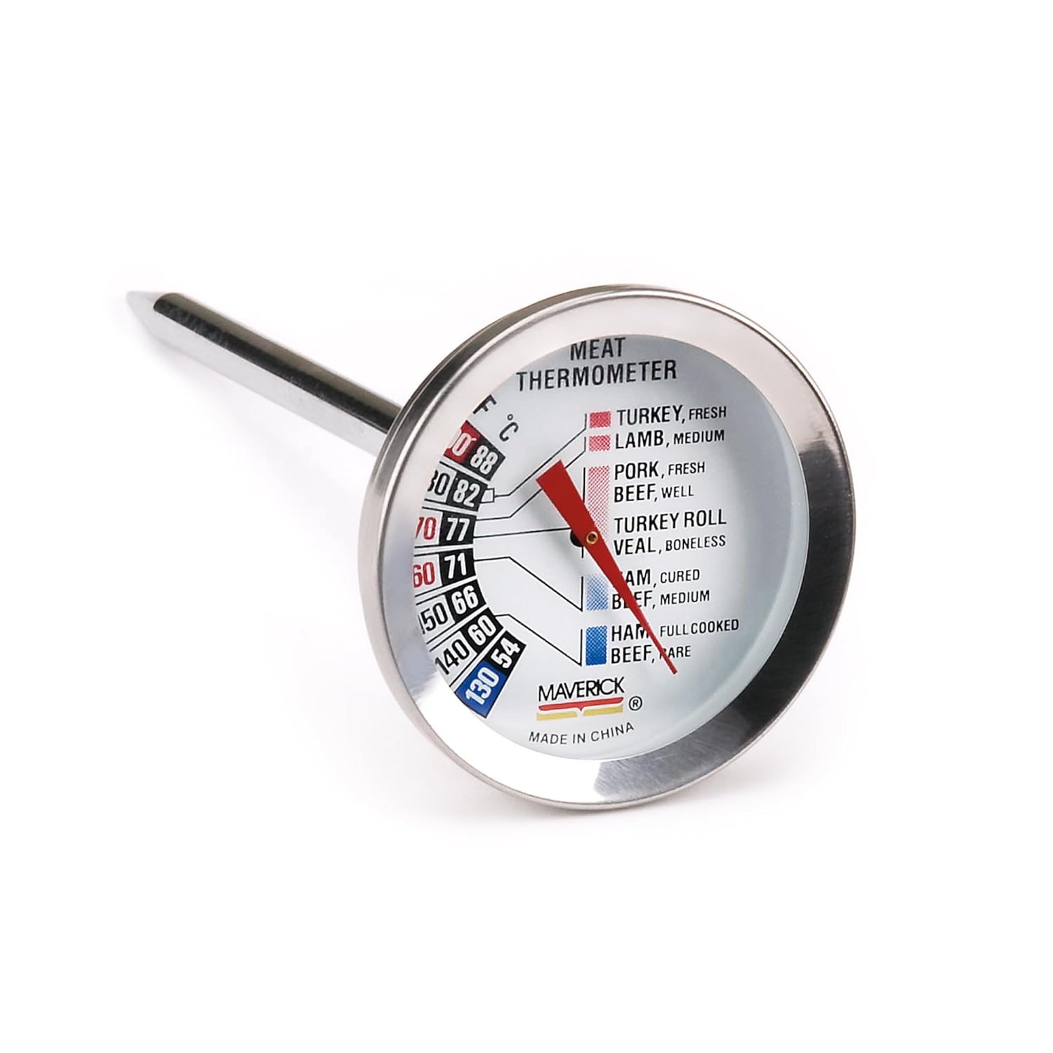 MEAT THERMOMETER

- TURKEY, FRESH: 165°F (74°C)
- LAMB, MEDIUM: 145°F (63°C)
- PORK, FRESH: 145°F (63°C)
- BEEF, WELL: 155°F (68°C)
- TURKEY ROLL: 165°F (74°C)
- VEAL, BONELESS: 145°F (63°C)
- HAM, CURED: 140°F (60°C)
- BEEF, MEDIUM: 145°F (63°C)
- HAM, FULL COOKED: 160°F (71°C)
- BEEF, RARE: 130°F (54°C)

MAVERICK
MADE IN CHINA