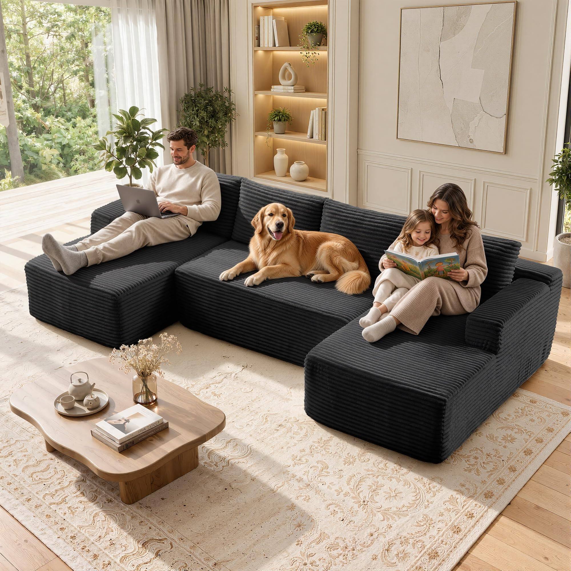 Alt View 4. Meqiodas - 125" Boneless Couch, Cloud Couch Sectional, Corduroy Sofa for Living Room, U Shaped Modular Sofa, No Assembly - Black.