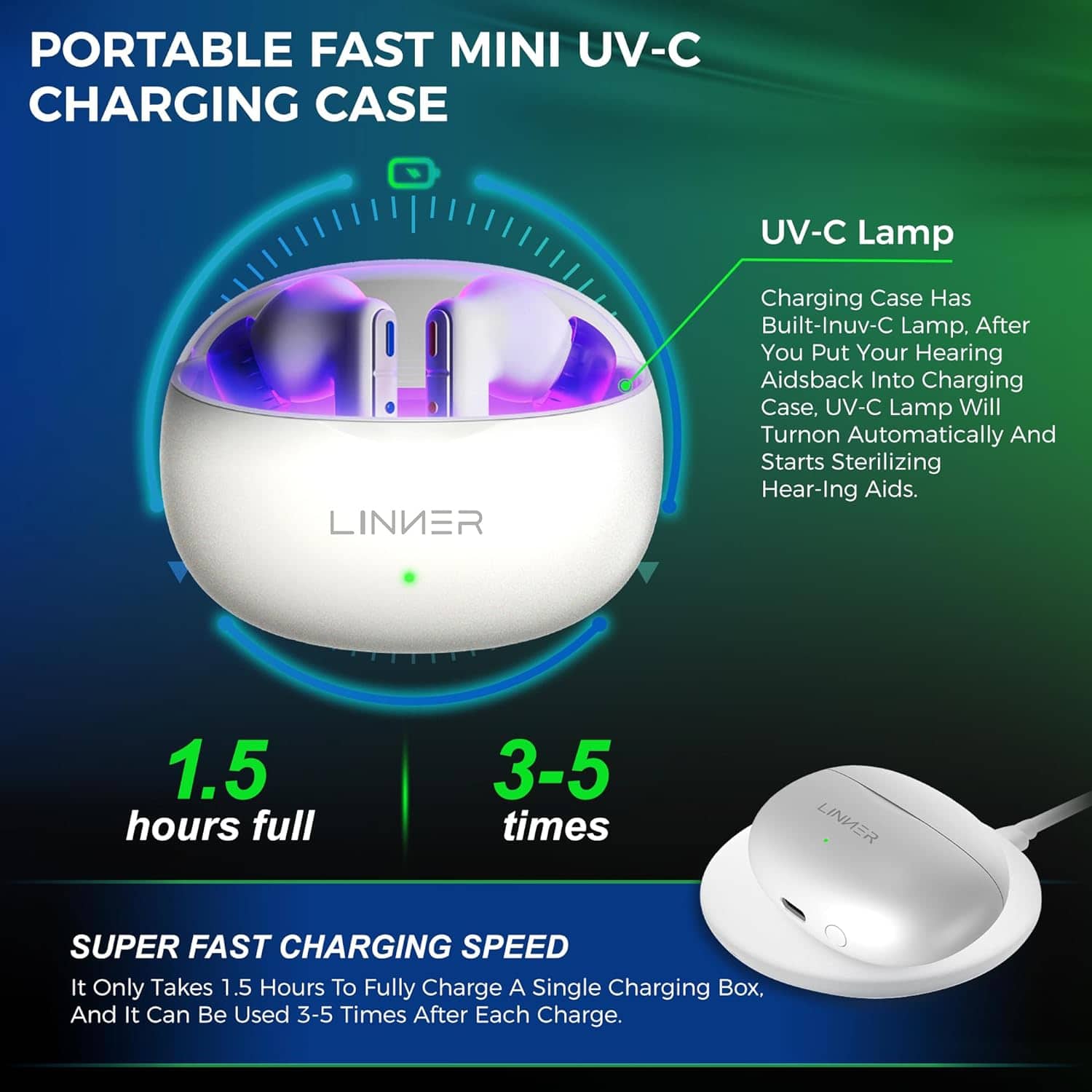 PORTABLE FAST MINI UV-C CHARGING CASE UV-C Lamp LINKER Charging Case Has Built-In UV-C Lamp, After You Put Your Hearing Aids Back Into Charging Case, UV-C Lamp Will Turn On Automatically And Starts Sterilizing Hearing Aids. 1.5 hours full 3-5 times SUPER FAST CHARGING SPEED It Only Takes 1.5 Hours To Fully Charge A Single Charging Box, And It Can Be Used 3-5 Times After Each Charge.