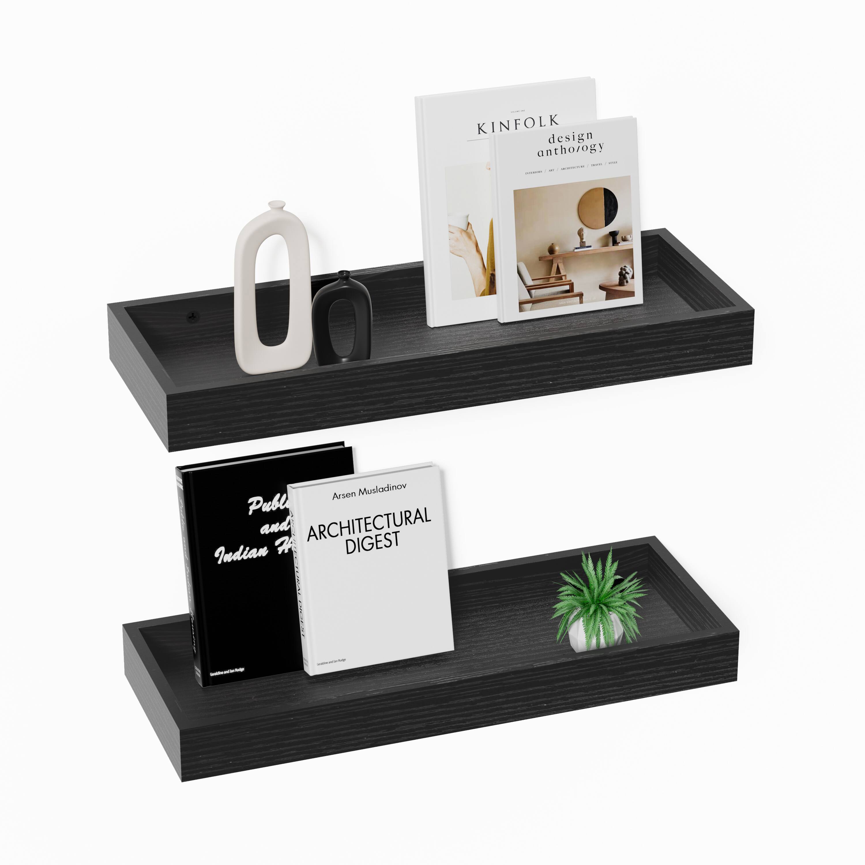 BOMEDA - 2 Pack 16 in Floating Shelves for Wall, Rustic Wooden Wall Shelves with Raised Lip for Bathroom, Bedroom, Kitchen - Black