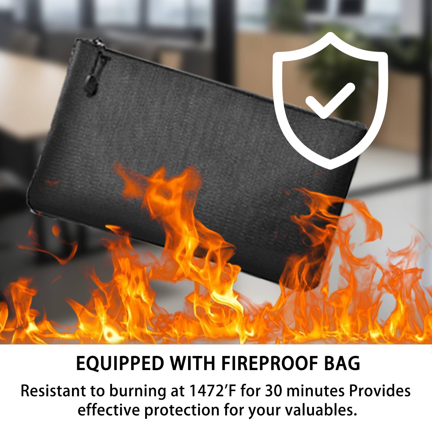 EQUIPPED WITH FIREPROOF BAG  
Resistant to burning at 1472°F for 30 minutes  
Provides effective protection for your valuables.