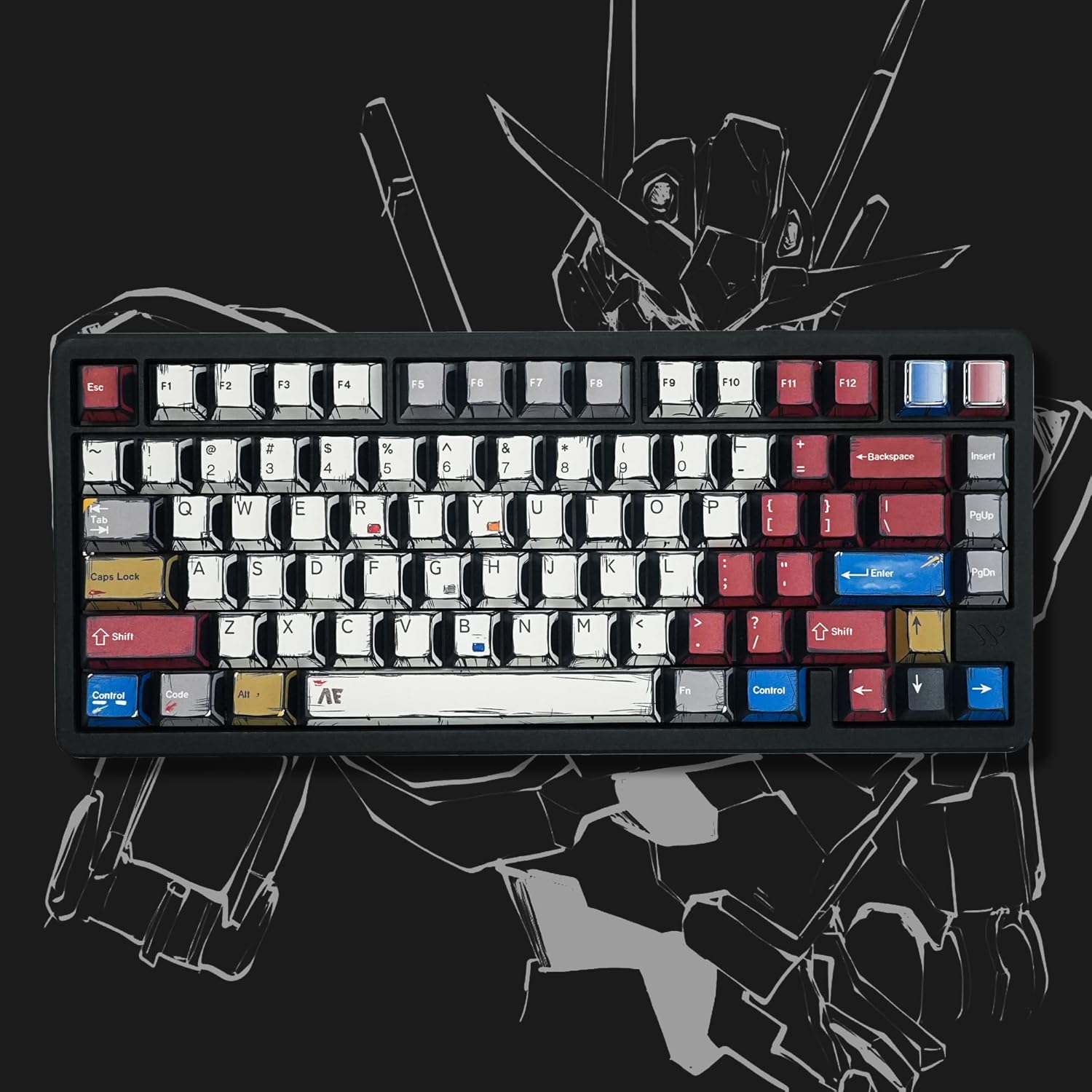 Esc F1 F2 F3 F4 F5 F6 F7 F8 F9 F10 F11 F12  
1 2 3 4 5 6 7 8 9 0 - = Backspace  
Tab Q W E R T Y U I O P [ ] \  
Caps Lock A S D F G H J K L ; ' Enter  
Shift Z X C V B N M , . / Shift  
Fn Control Code All AE  
Control