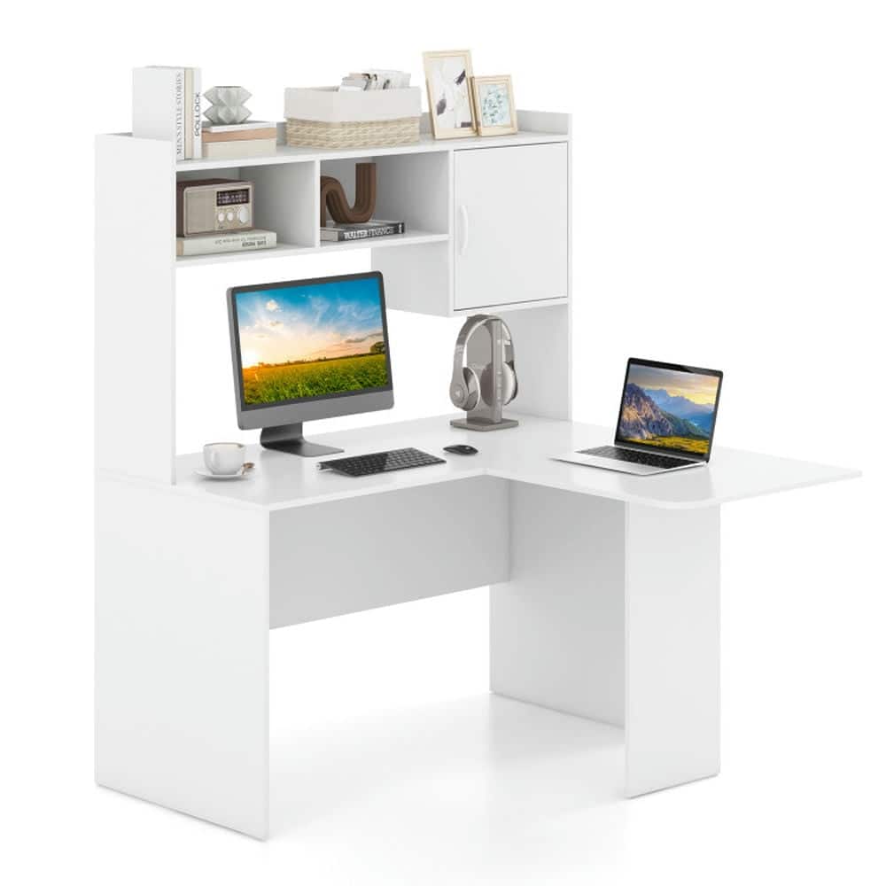 Kadyn - L-Shaped Desk Corner Computer Desk with Open Storage Hutch and Cabinet- Home Office Desks, Gaming Computer Desks - White