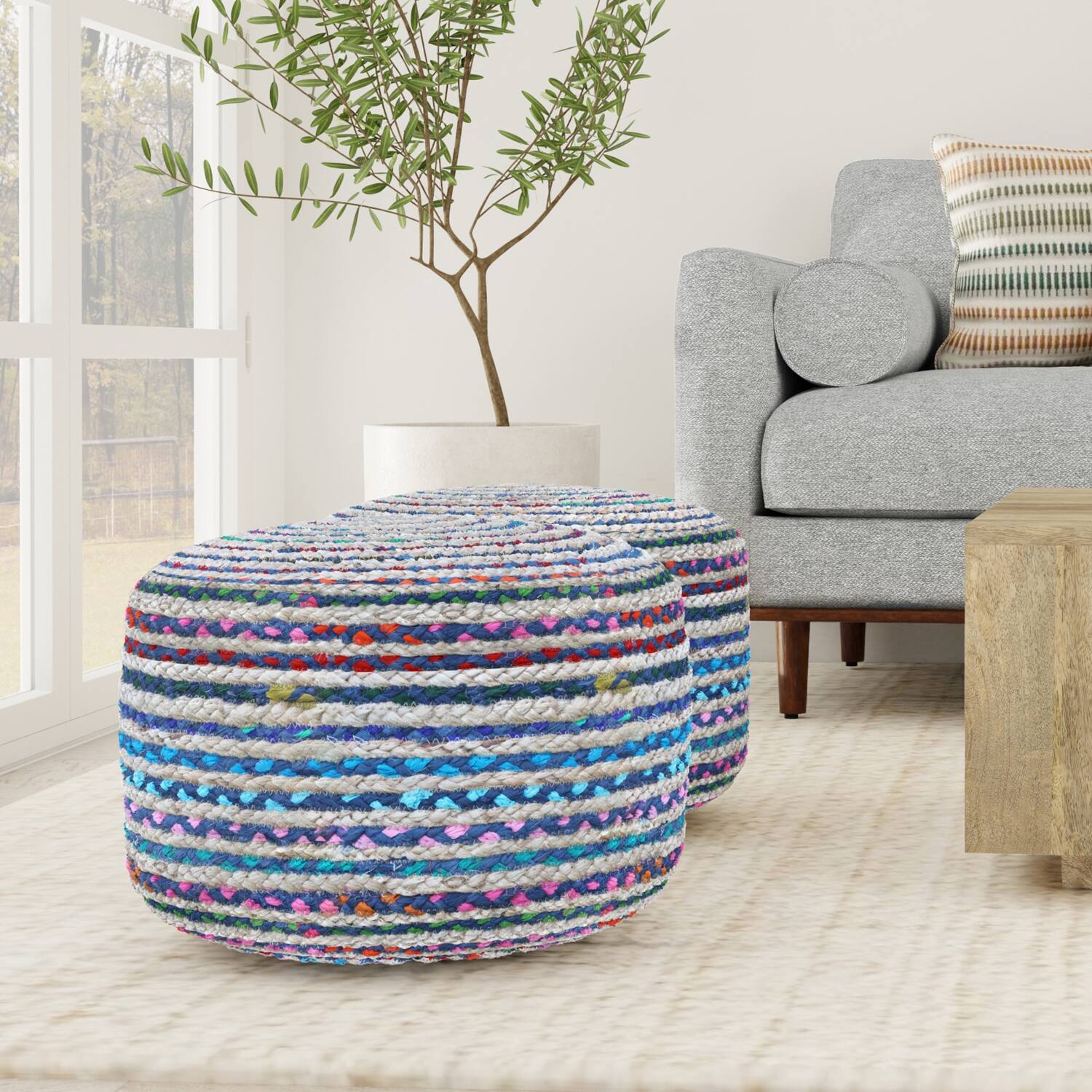 Angle. Simpli Home - Margo Boho Round Pouf in Blue Braided Jute - Blue.