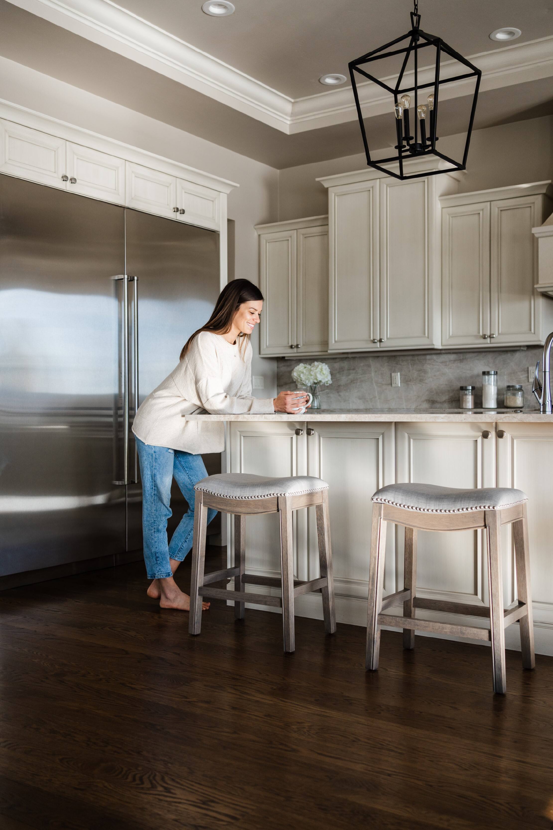 Left. Maven Lane - 26" Adrien Saddle Counter Stool In Reclaimed Oak Finish With  Fabric Upholstery - Reclaimed Oak.
