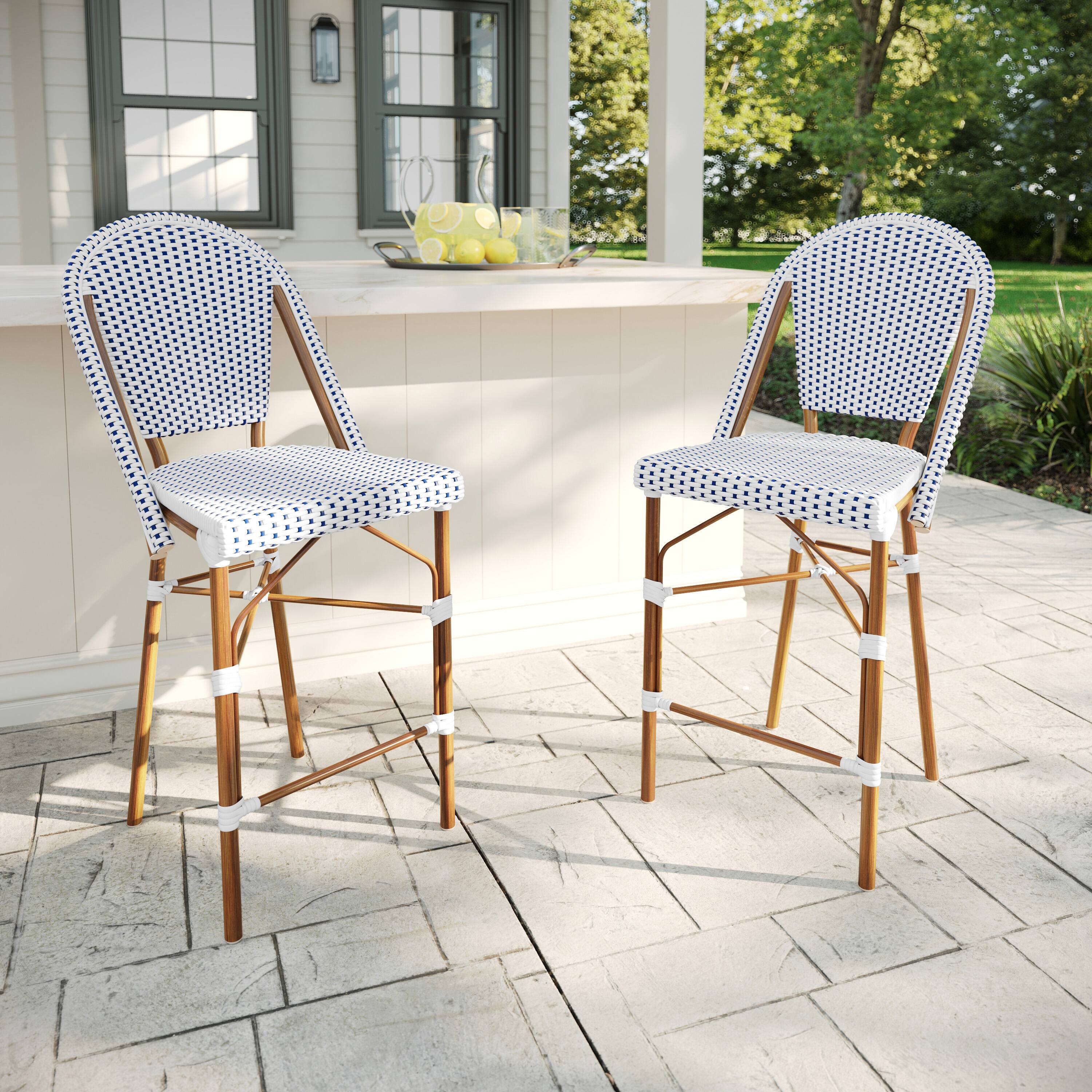 Alt View 1. Martha Stewart - Lily Pond 2PK All-Weather Stackable Patio Bistro Counter Stools - Navy & White/Natural Frame.